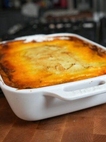 Shepherds pie in a baking dish.