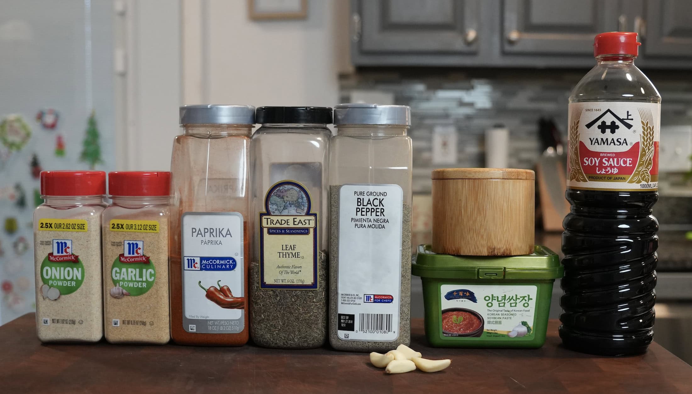 Seasonings for pork fried rice sitting on the counter.