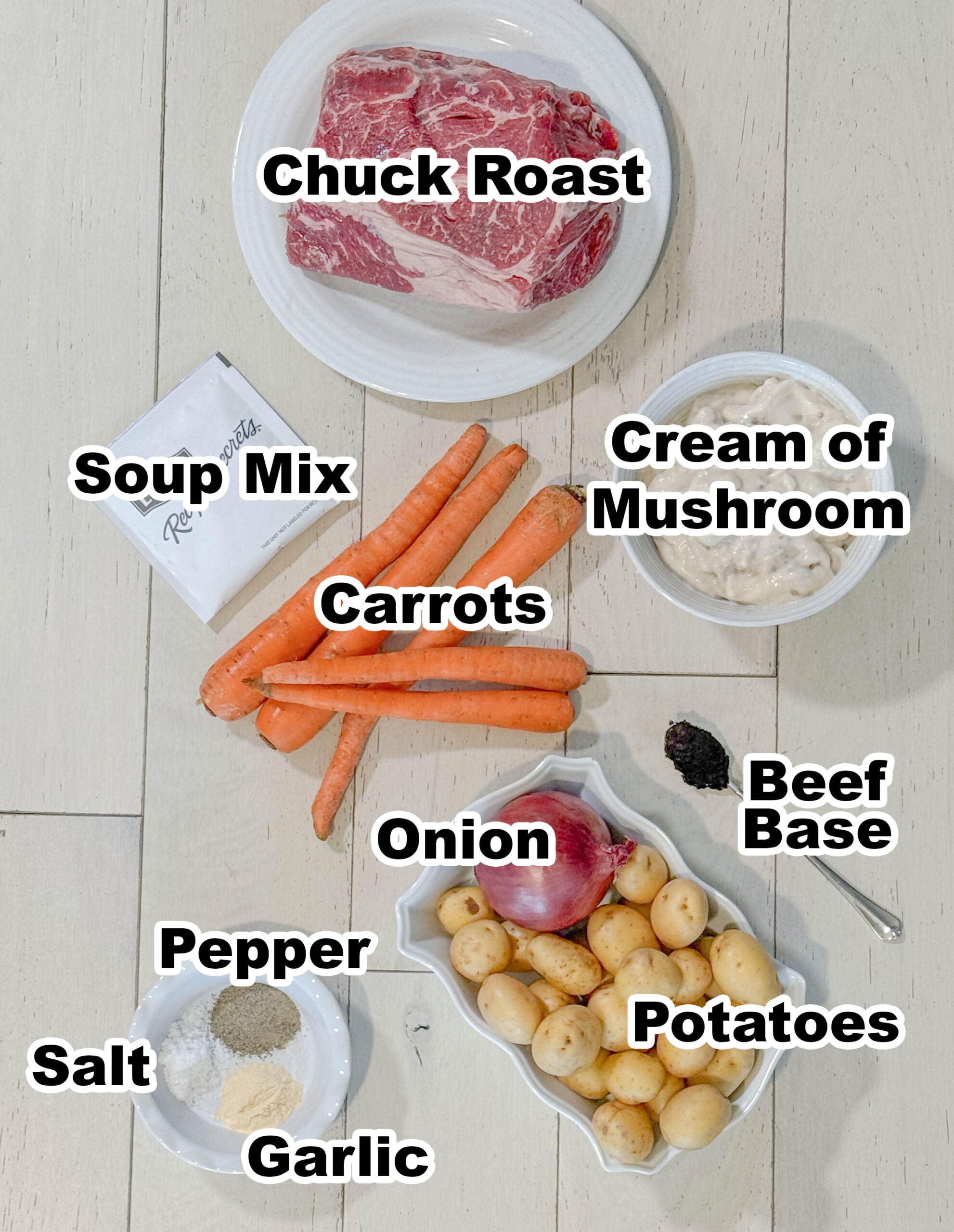 Chuck roast, potatoes and other ingredients measured and labeled for cooking.