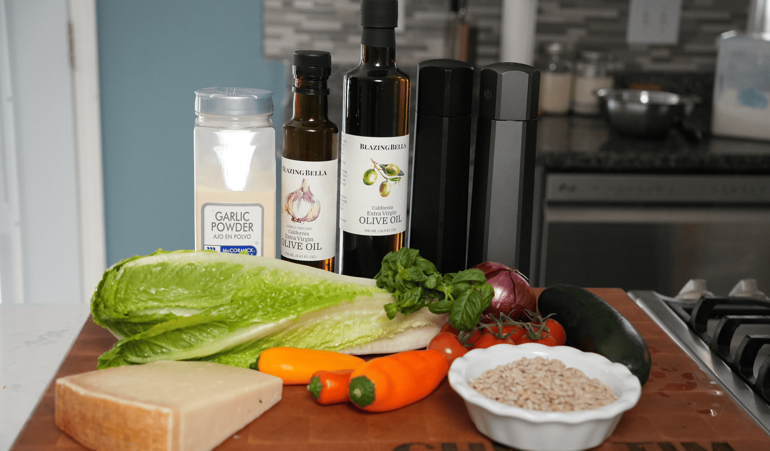 Ingredients for a salad laid out on counter.