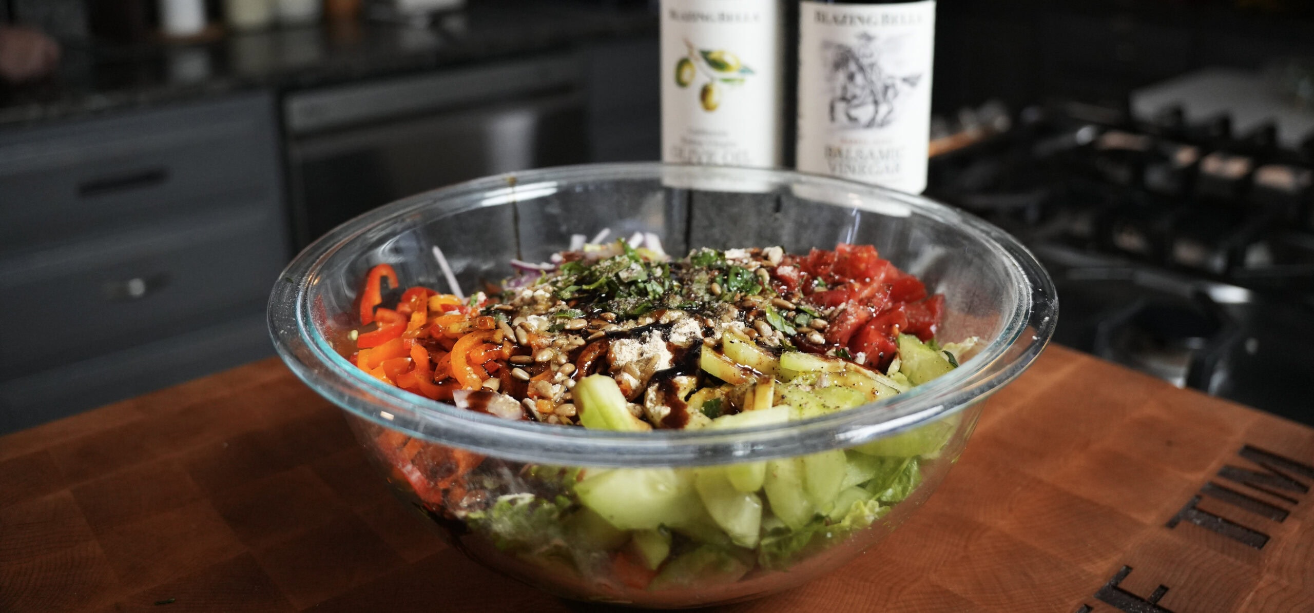 A salad with balsamic vinegar and olive oil.