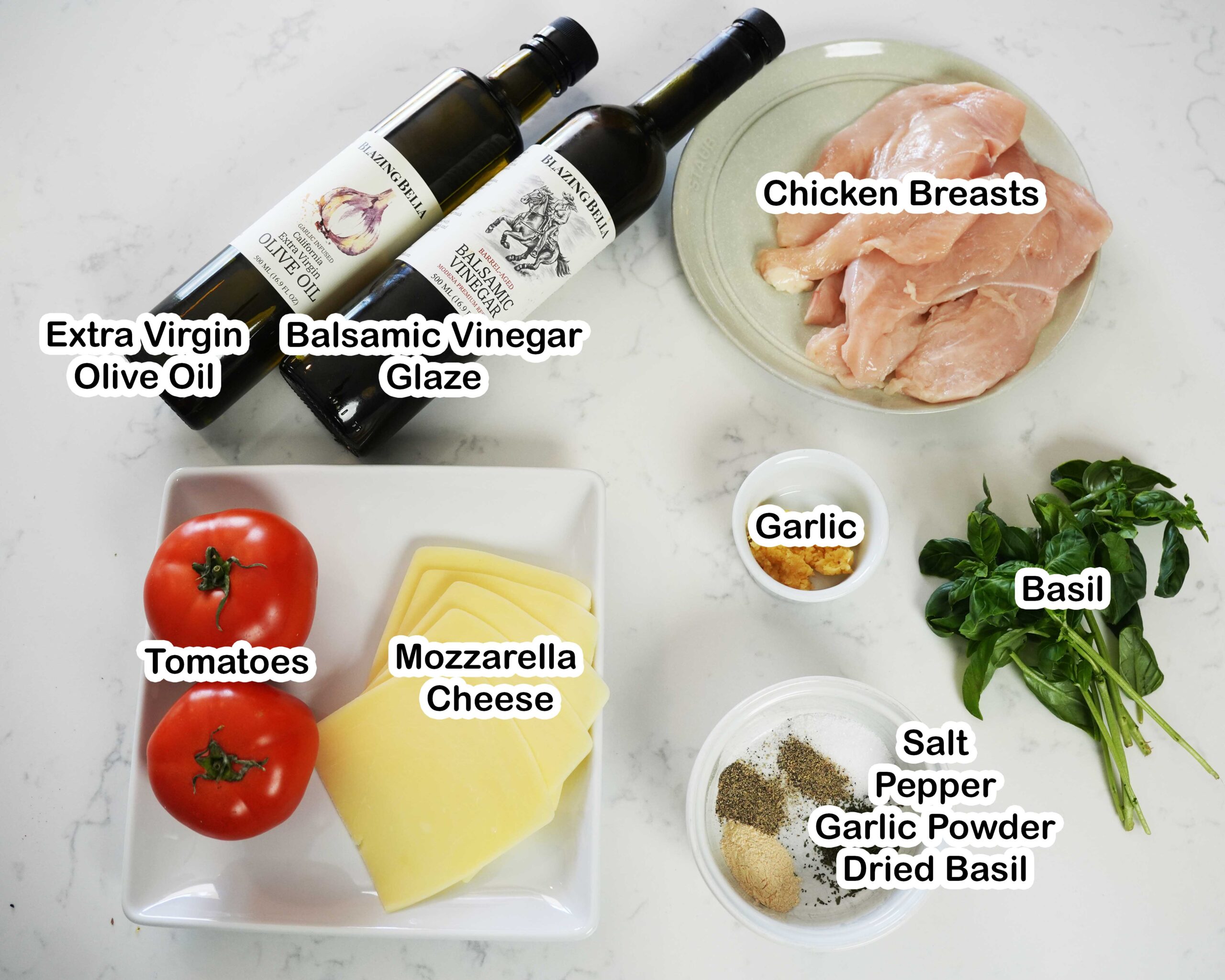 A list of ingredients for bruschetta chicken recipe.
