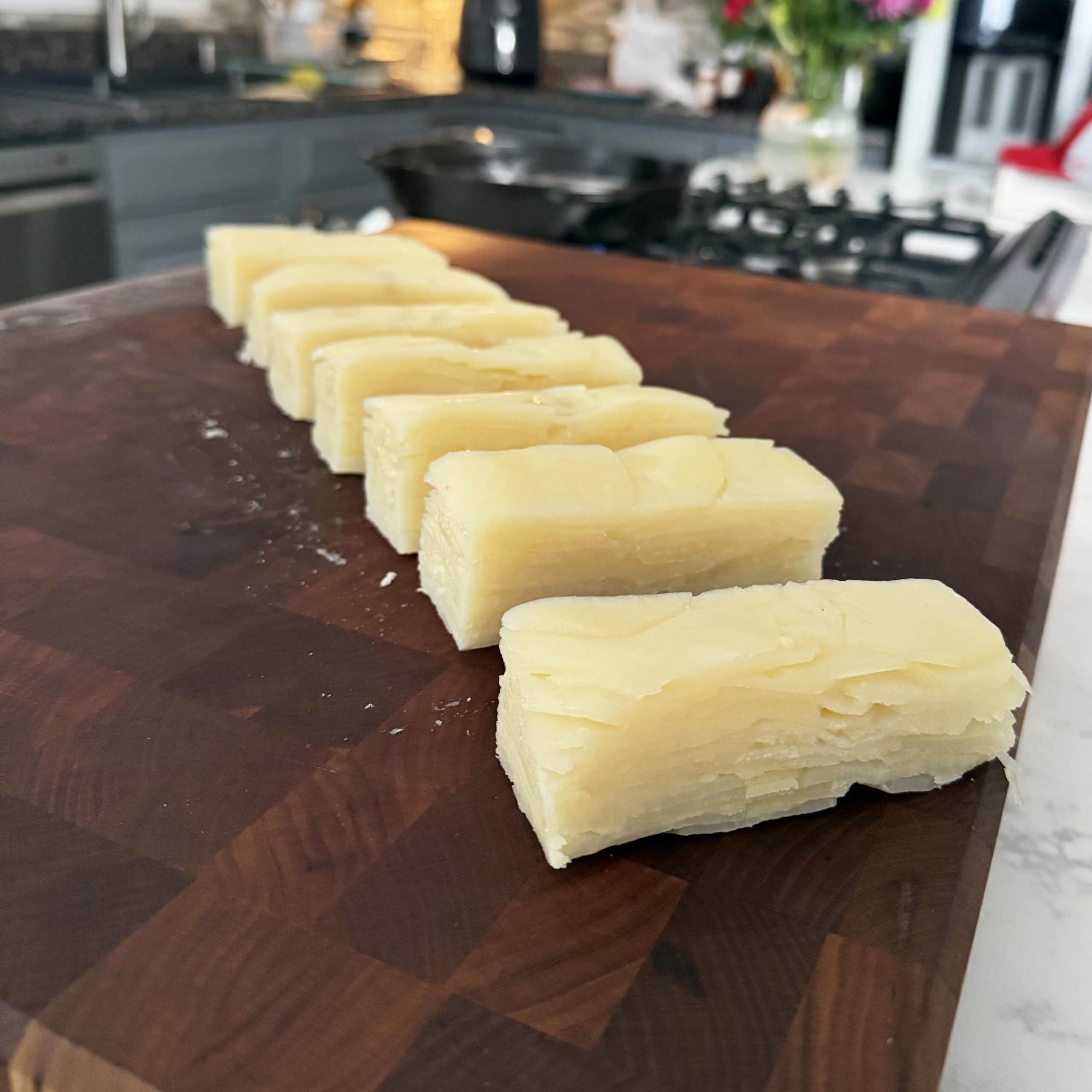 7 potato stacks ready to go in the fryer.