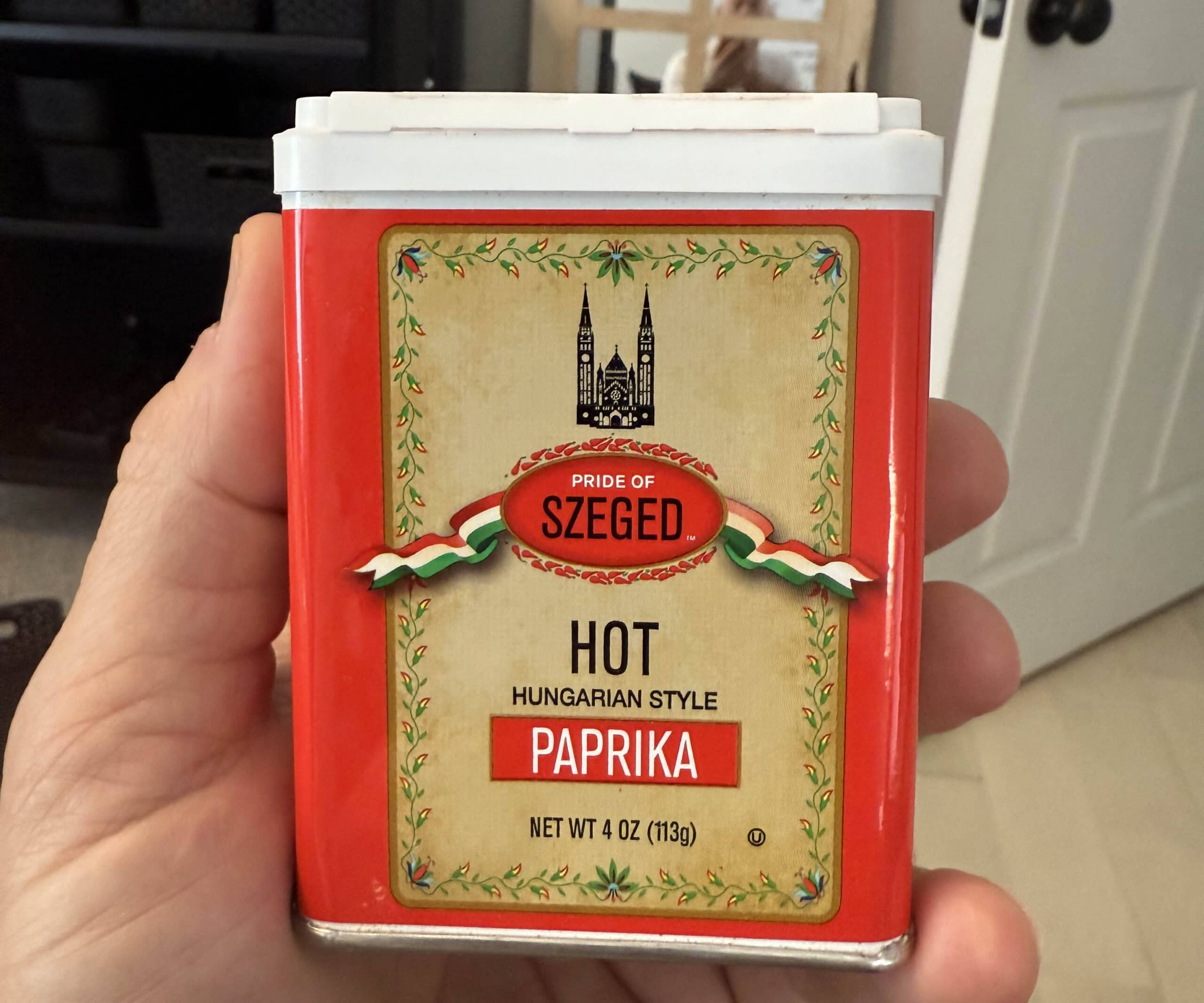 A container of hot Hungarian style paprika.