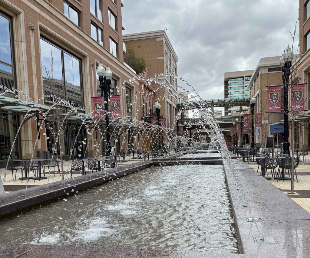 Fountains at an outdoor mall in Utah.