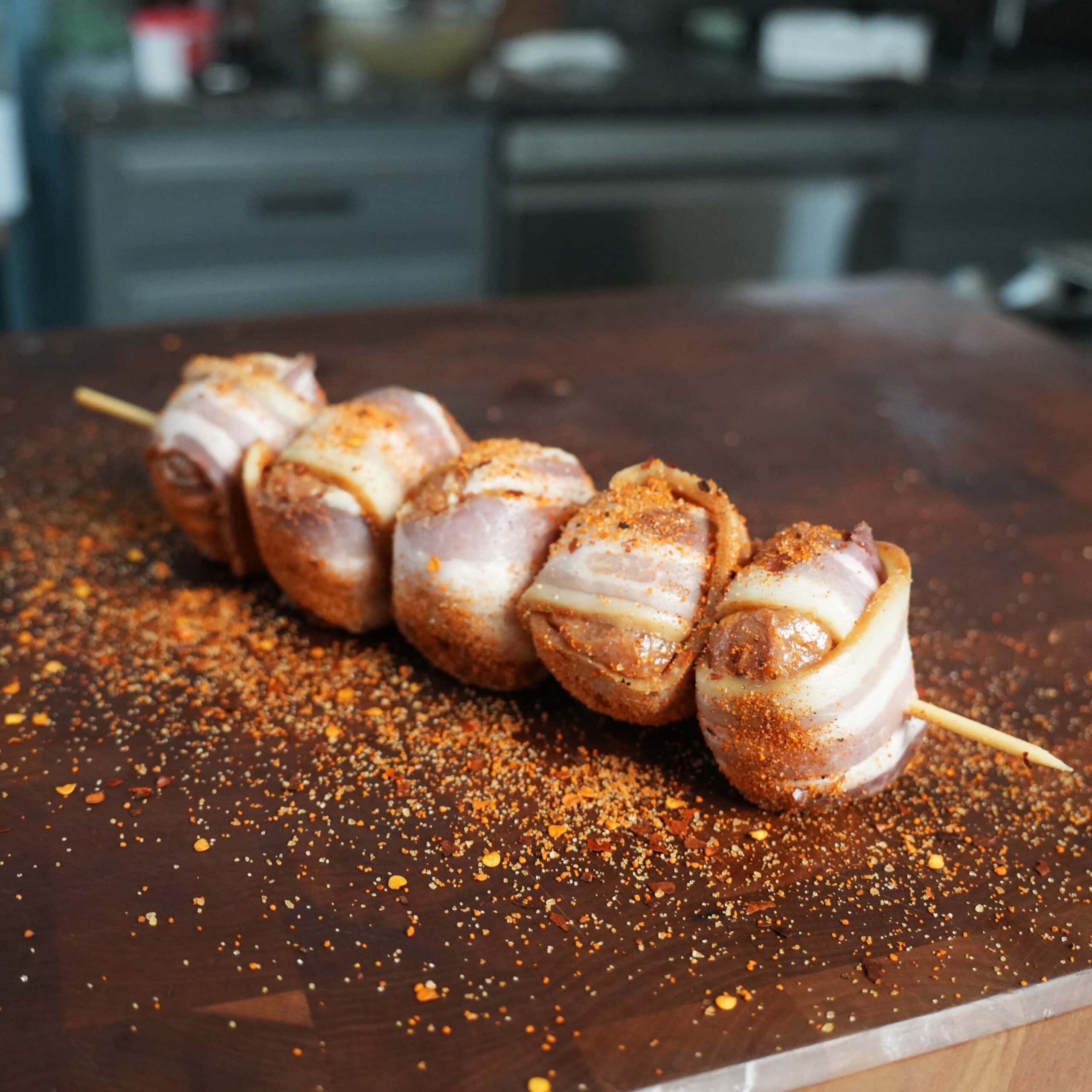 Chicken thigh meatballs on a skewer ready to grill.