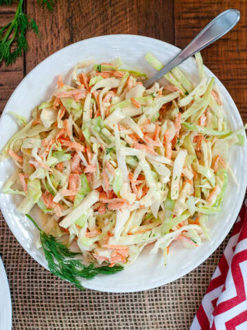 A bowl of fresh slaw showing shredded cabbage, carrots, fresh dill with a creamy dressing. Some fresh dill on the side of the bowl.