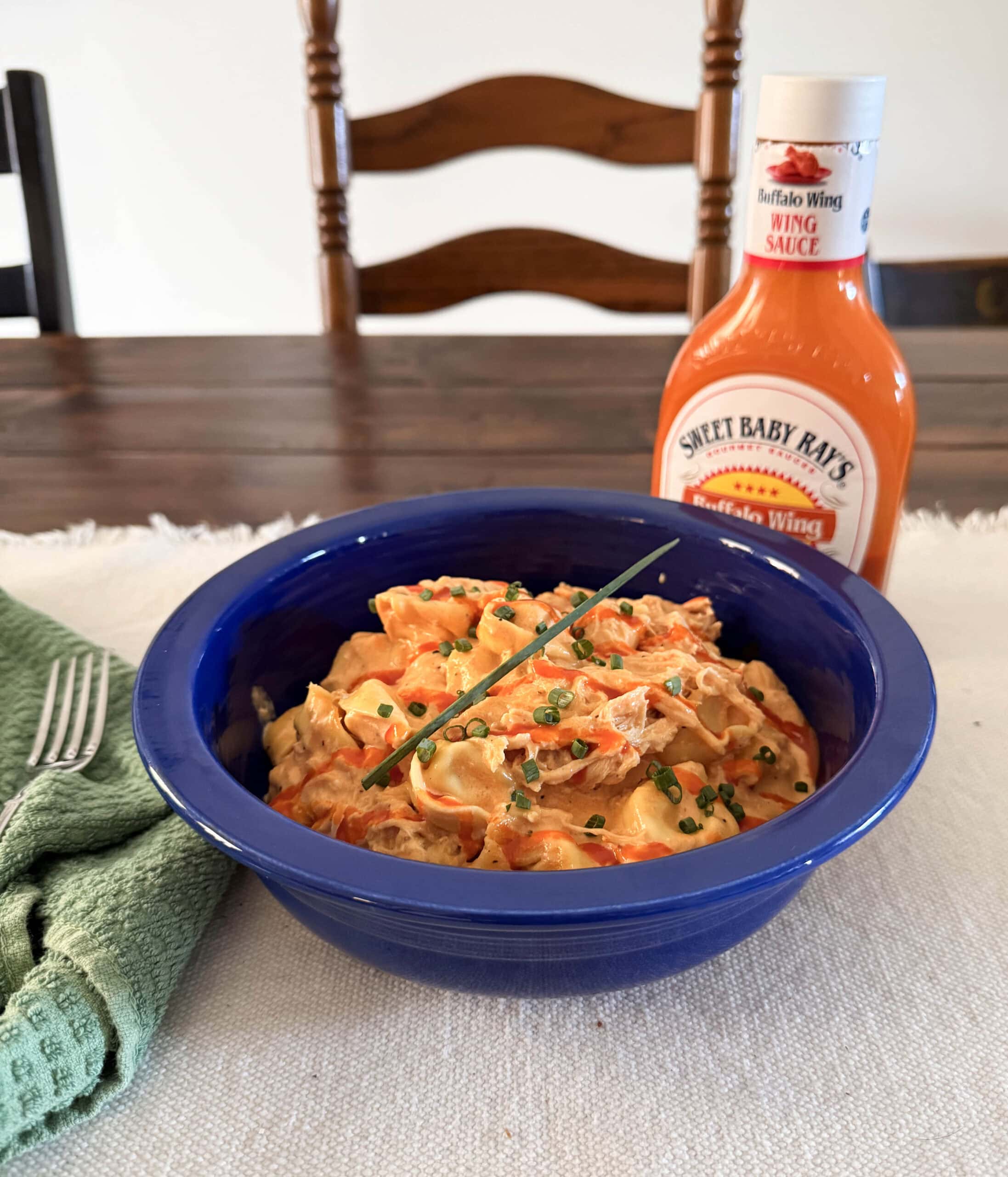 A bowl of buffalo chicken tortellini.