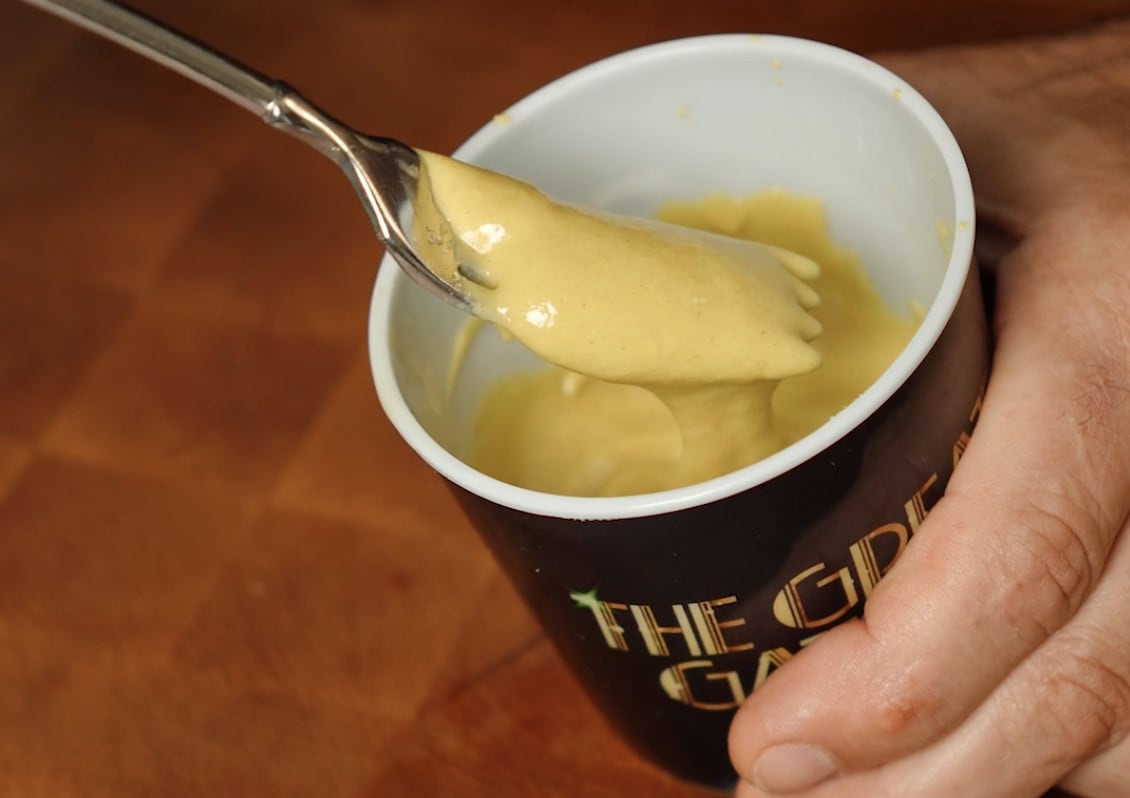 Emulsified Mustard on a fork.