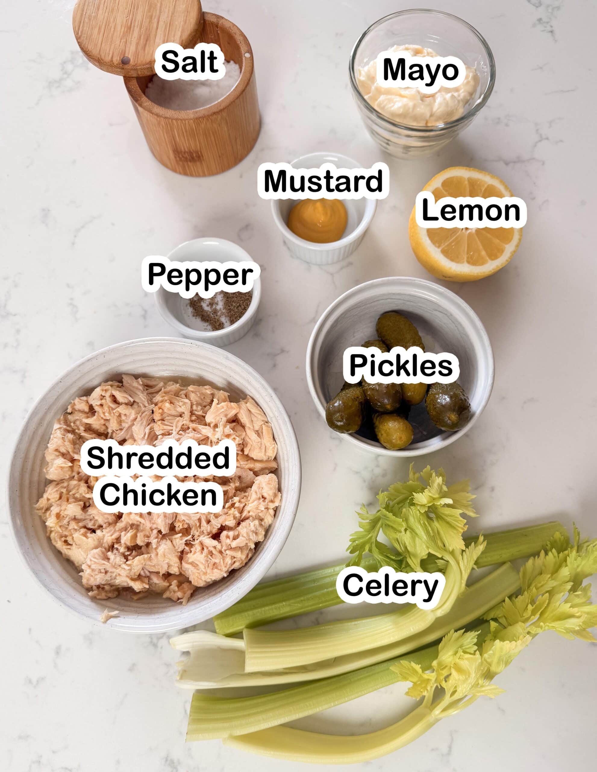 Chicken Salad on a plate with celery, crackers and lemon.