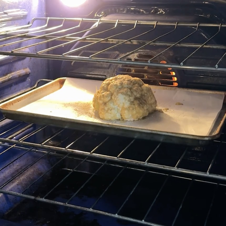 Cauliflower in an oven.