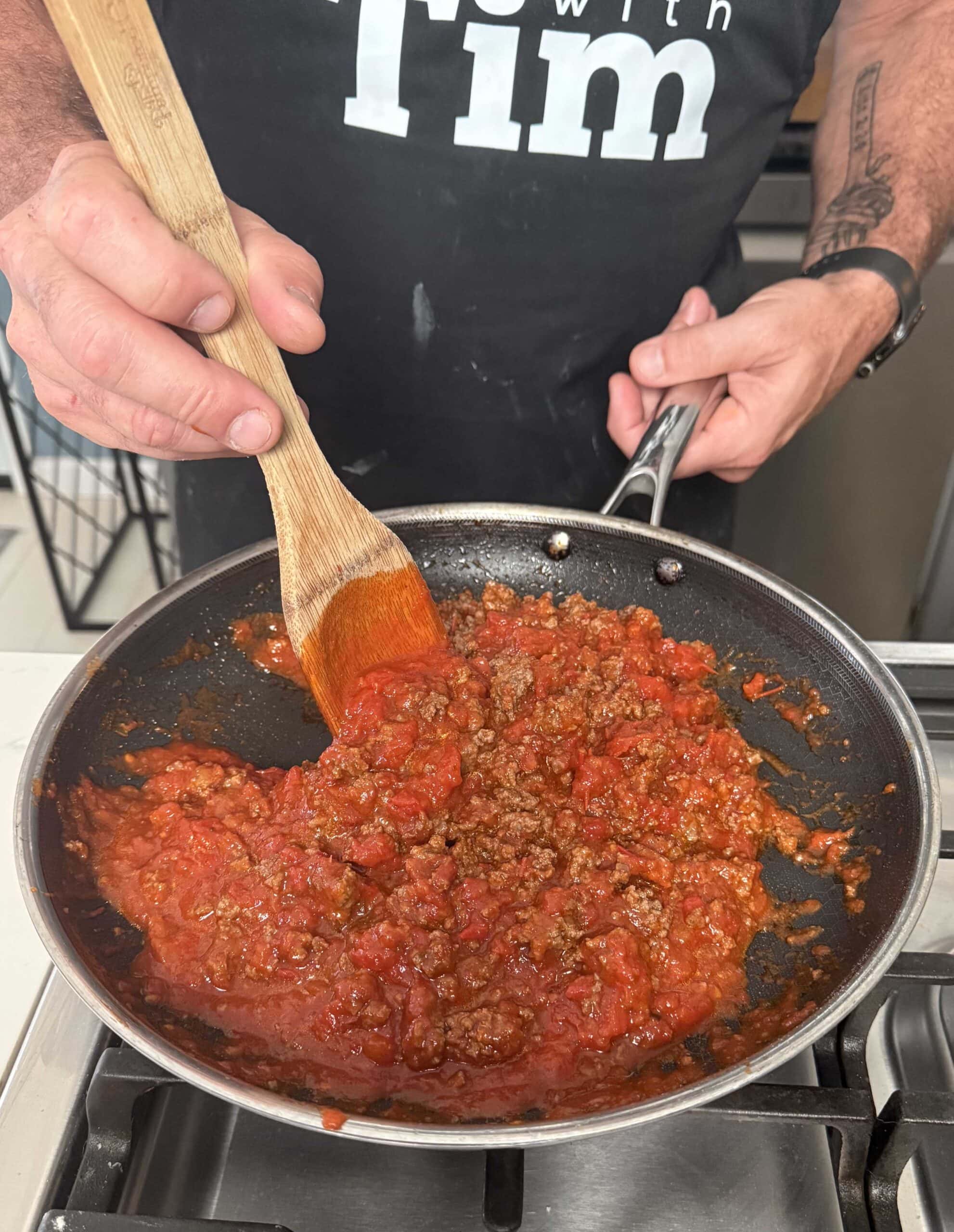 Marinara sauce in ground beef.