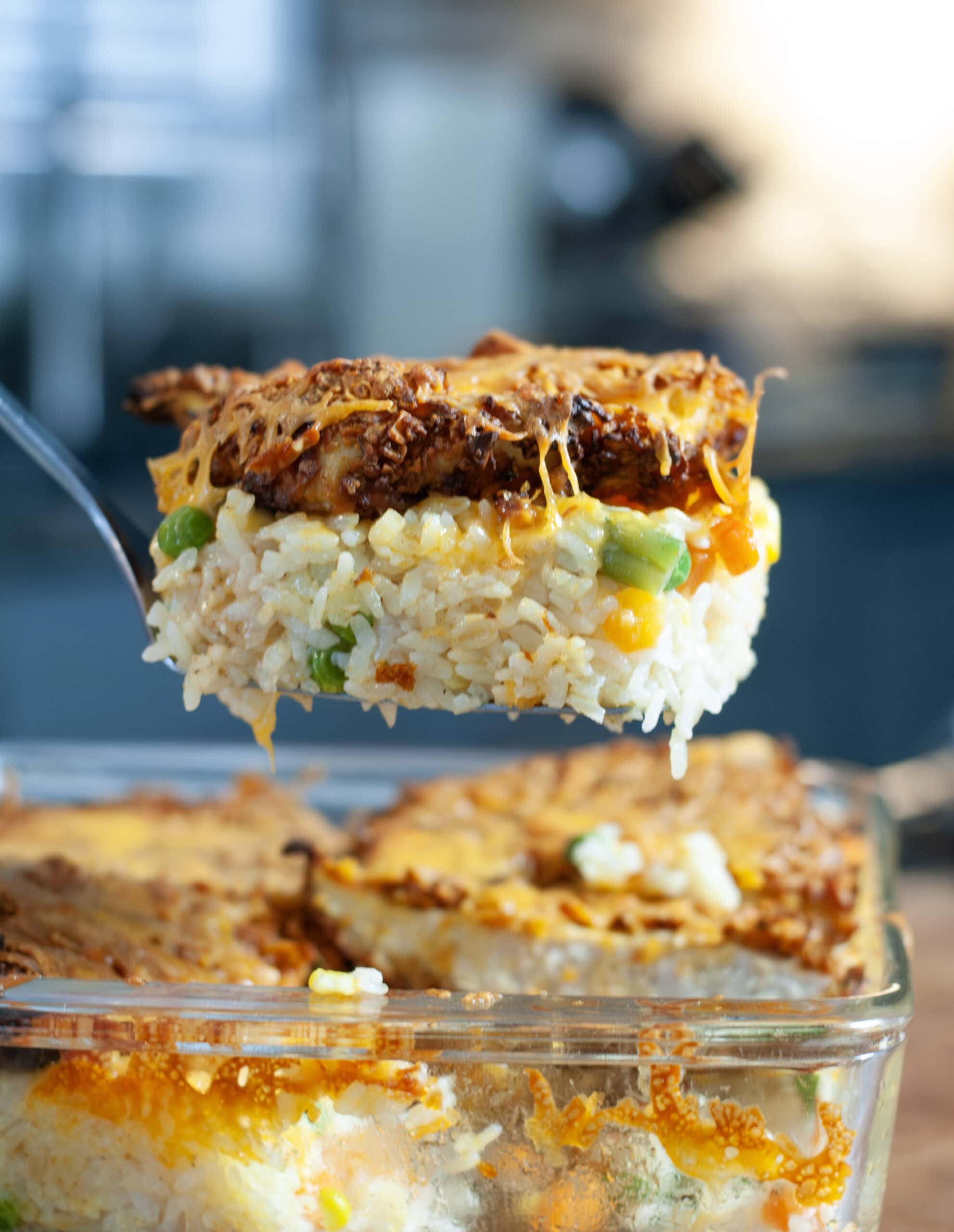 A scoop of chicken casserole.