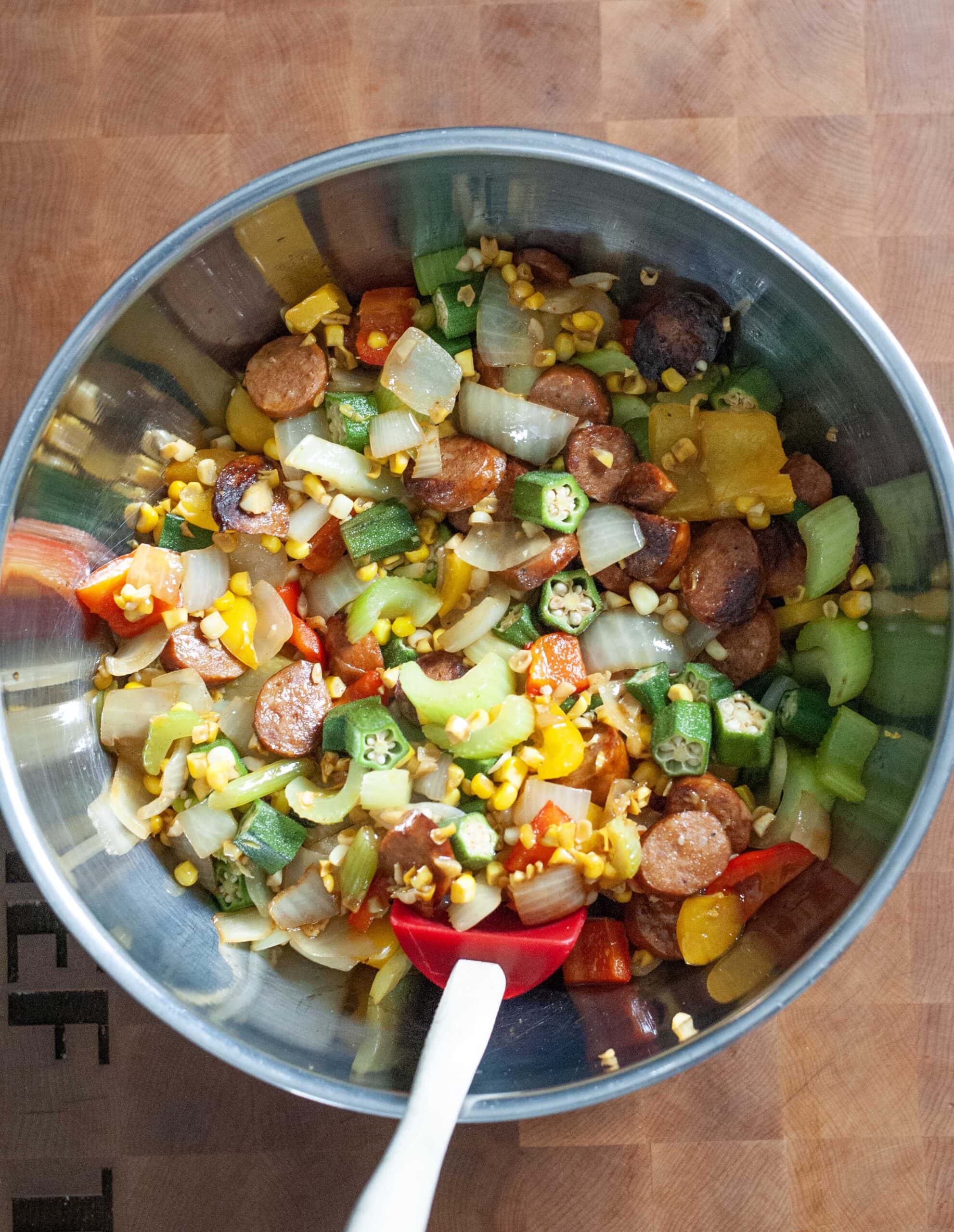 Cooked vegetables in a large bowl.