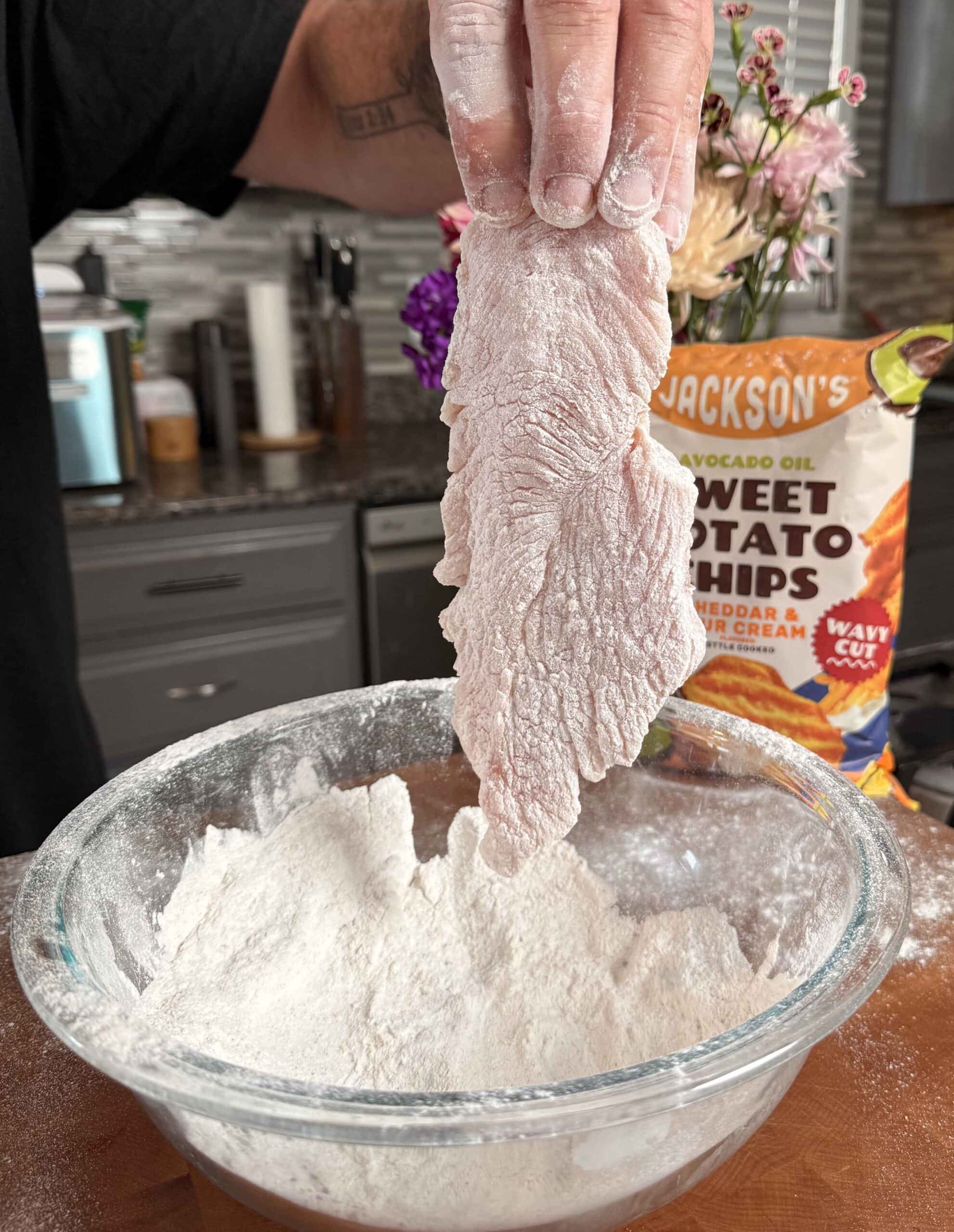 Chicken breast coated with rice flour.
