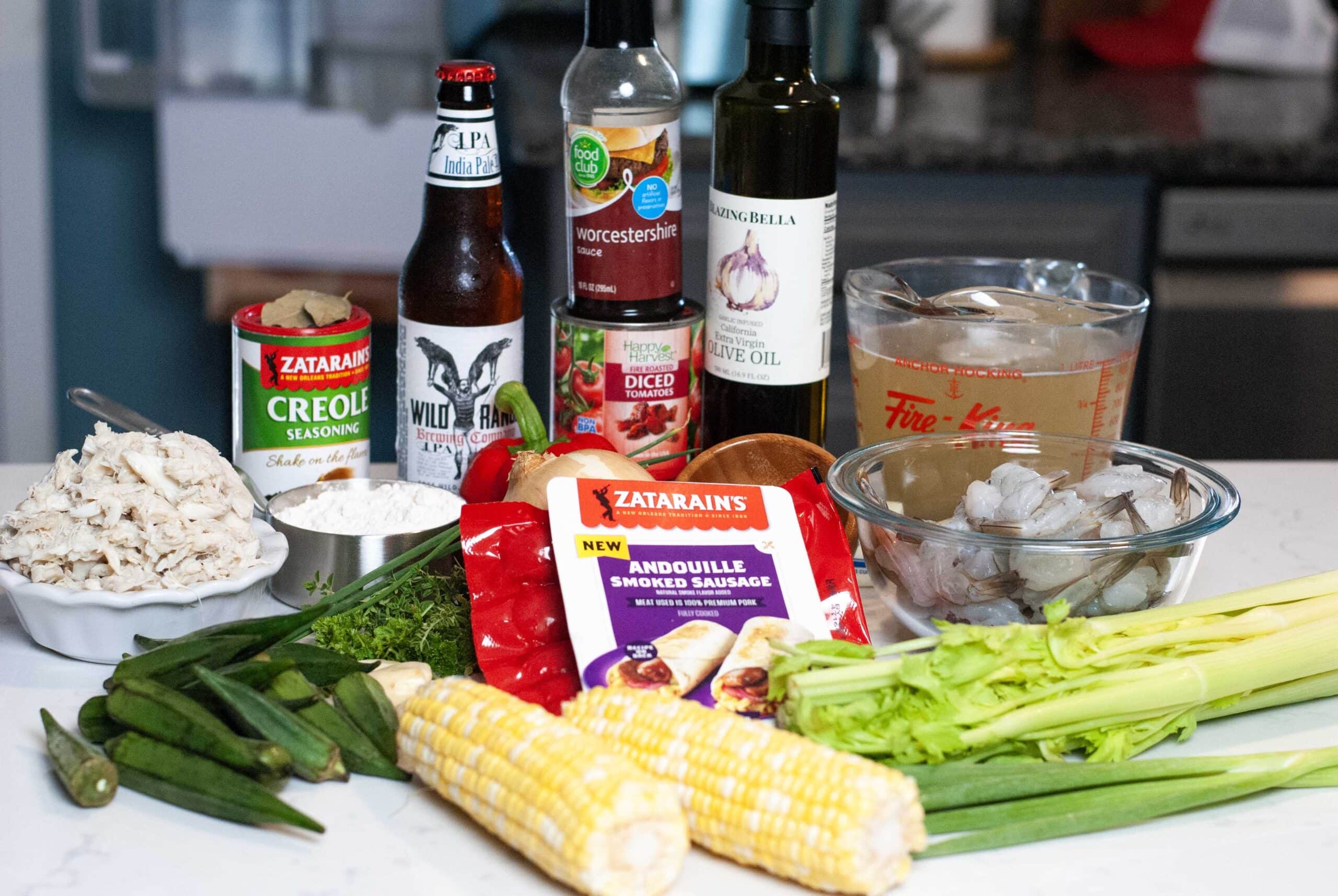 Gumbo ingredients laid out for display.