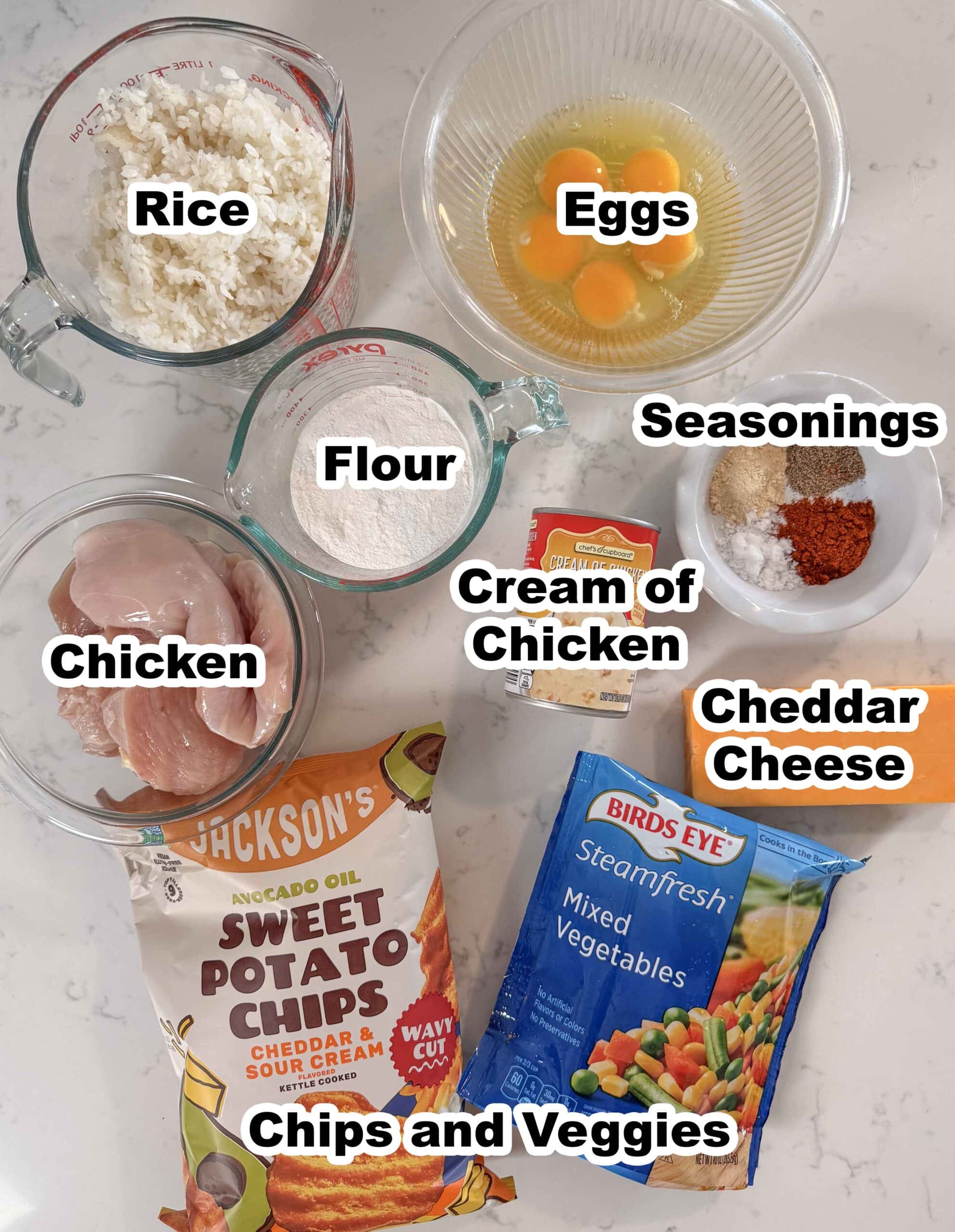 Ingredients for chicken and potato chip casserole.
