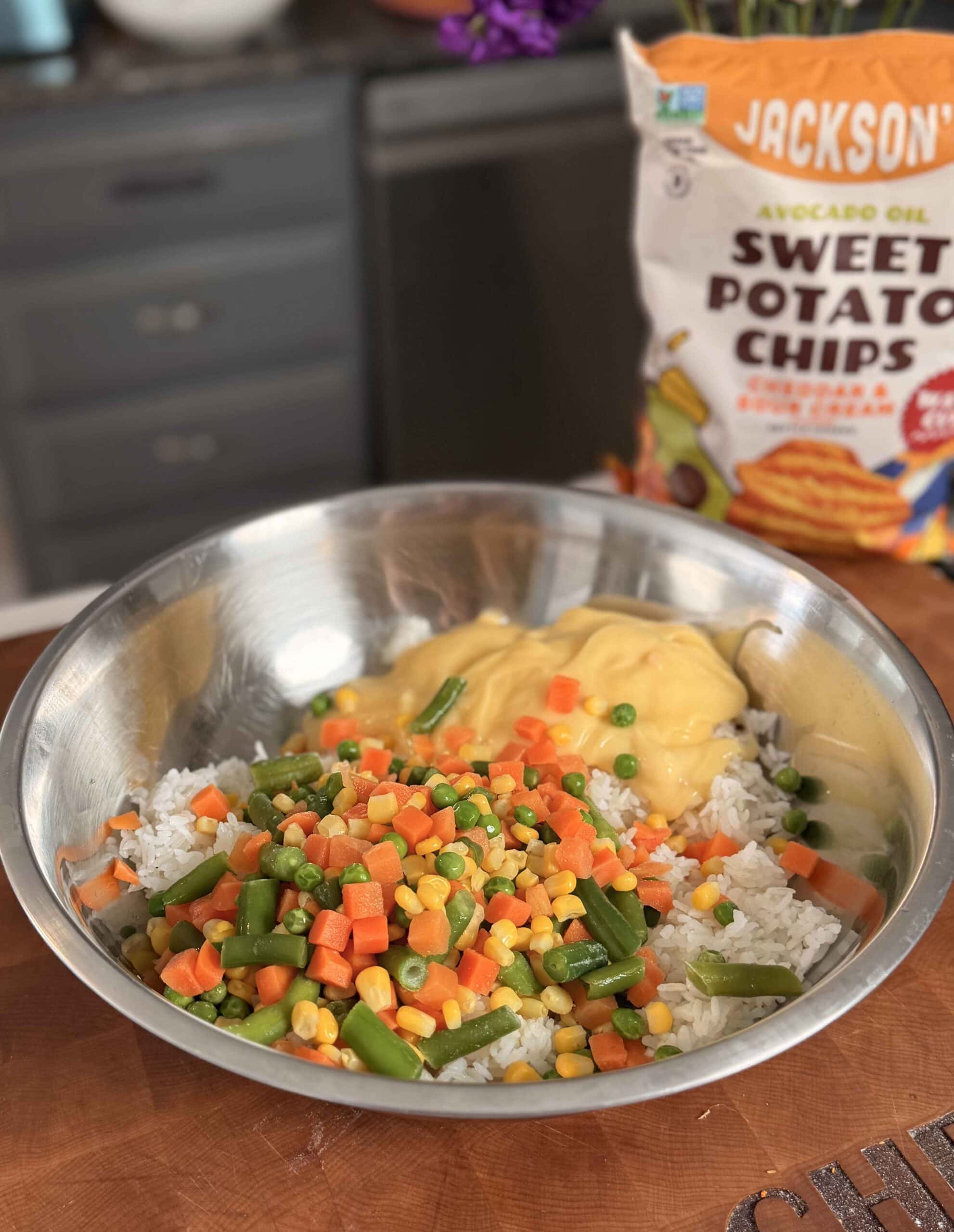 Rice with mixed vegetables and cream of chicken.