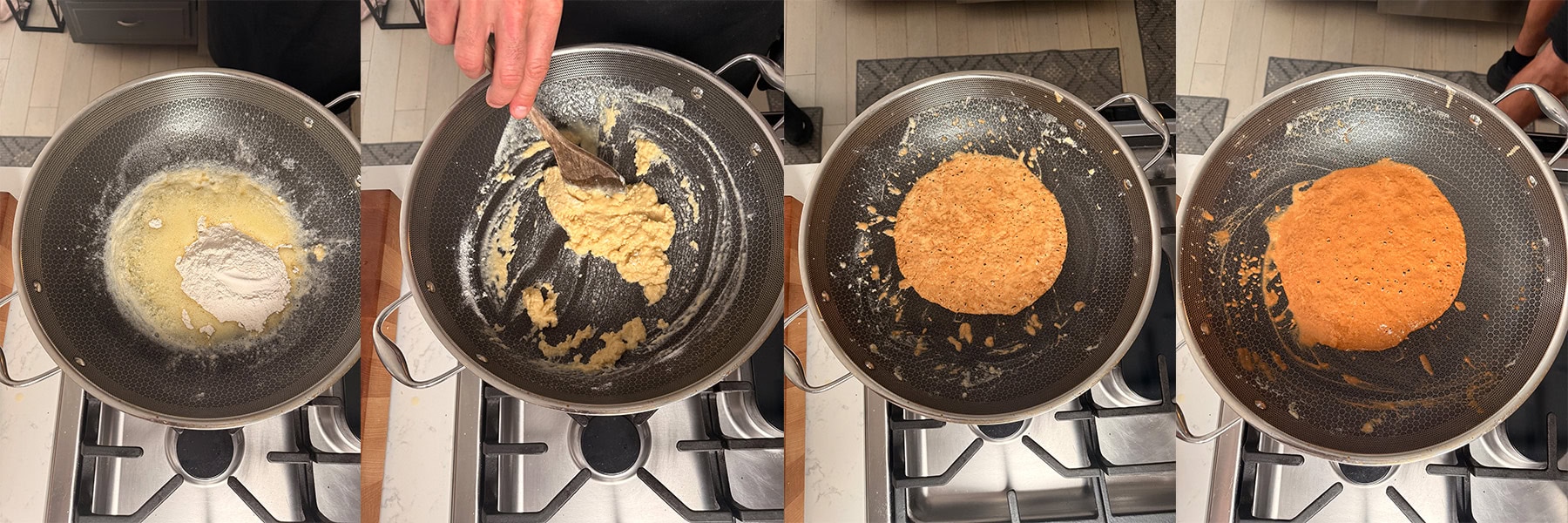 The process of showing how to make a roux.