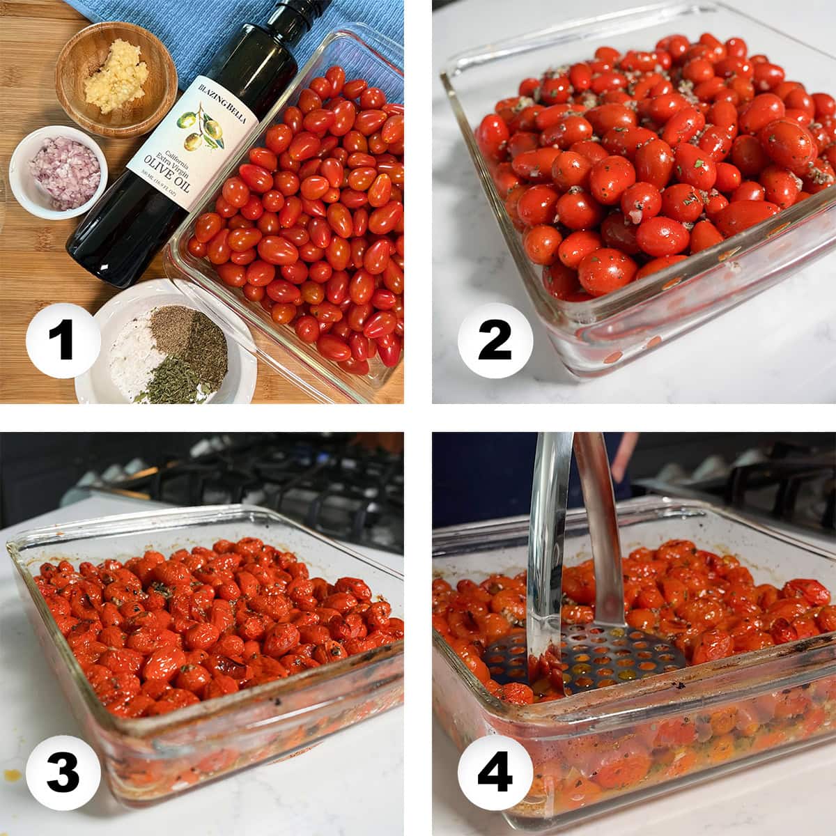 Tomatoes being cooked in a baking dish.