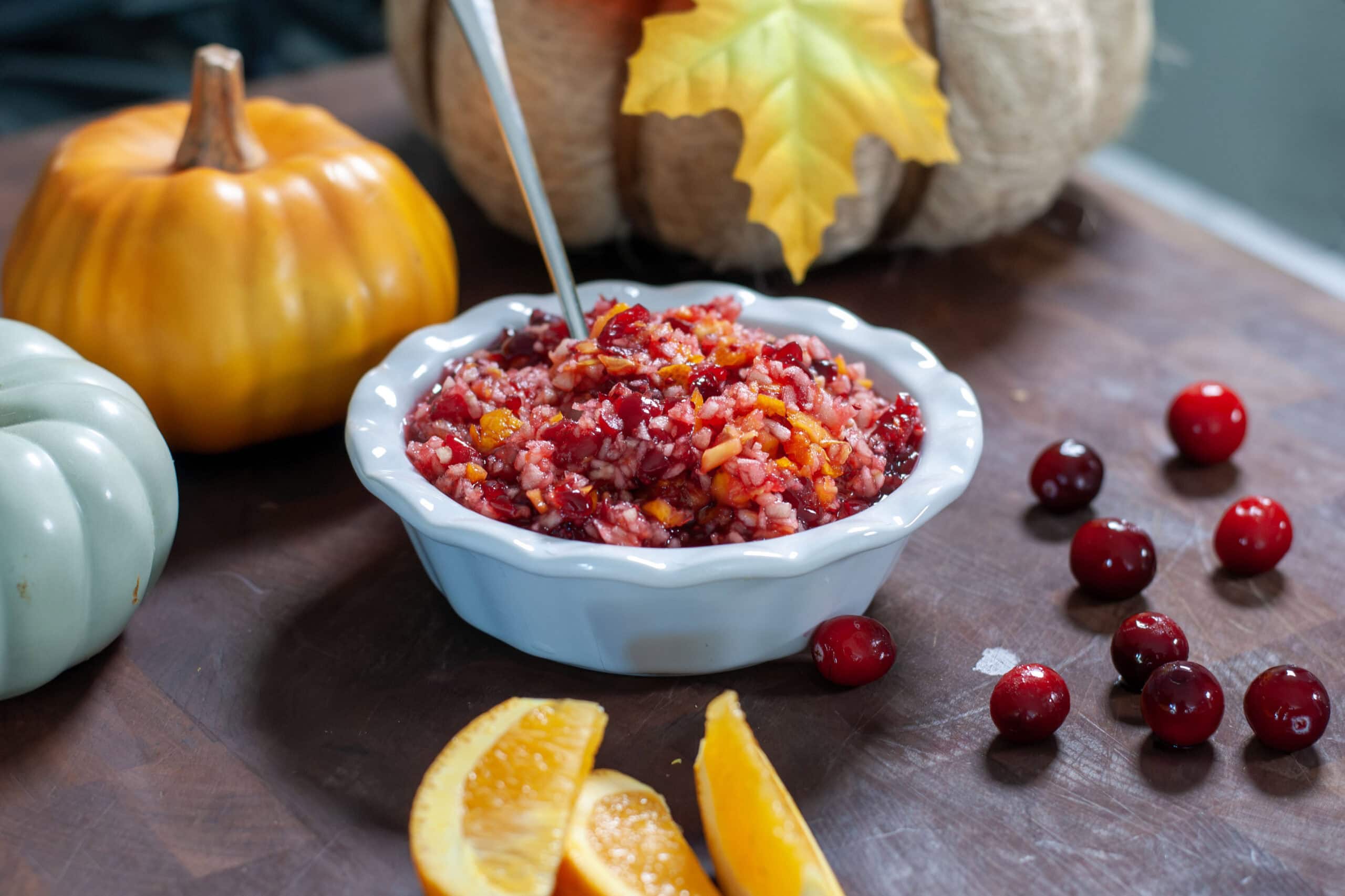 Cranberry relish with oranges and fresh cranberries.