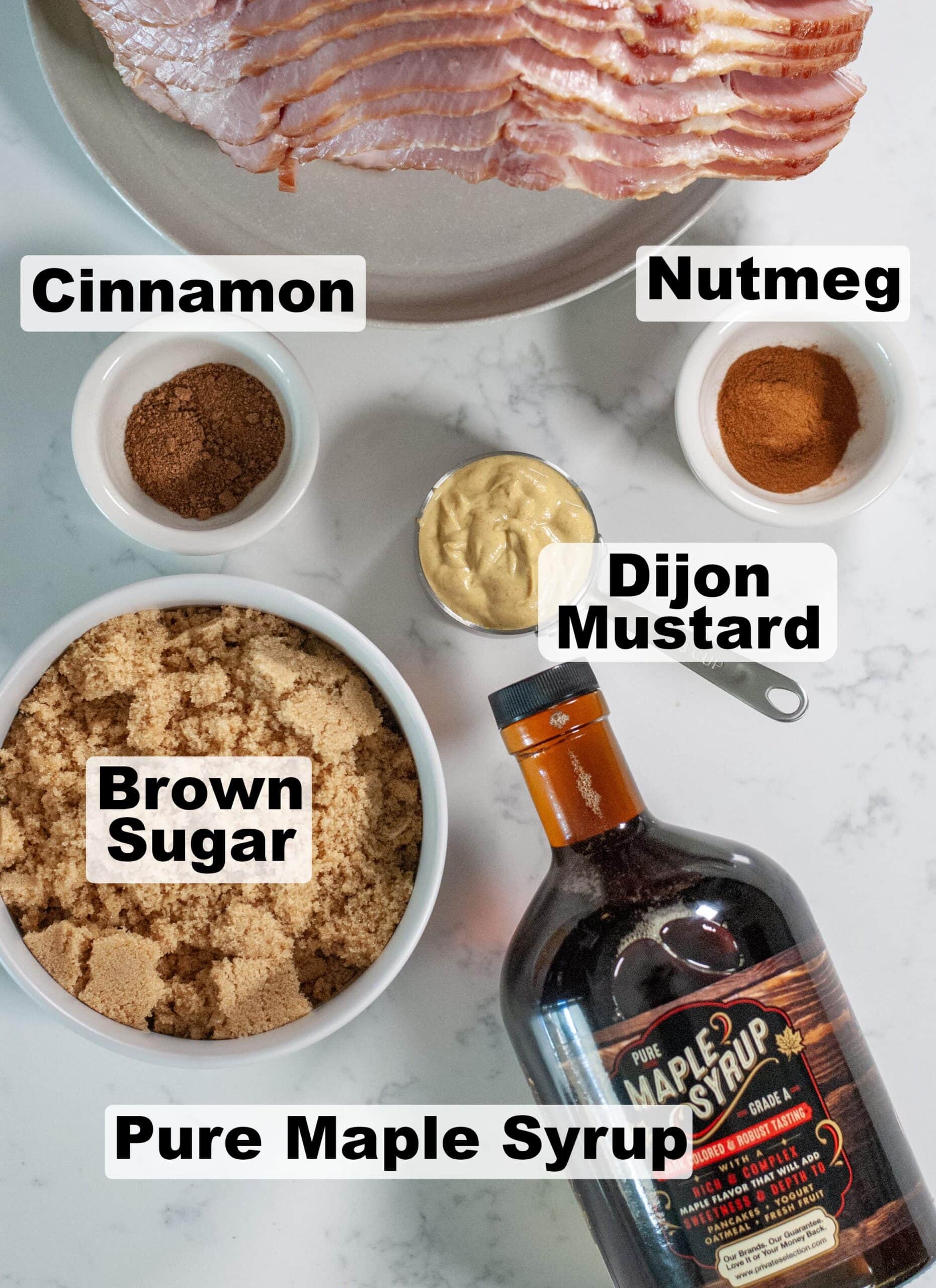 Labeled ingredients for maple ham glaze.