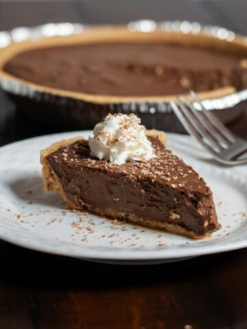 Slice of chocolate pie on a white plate.