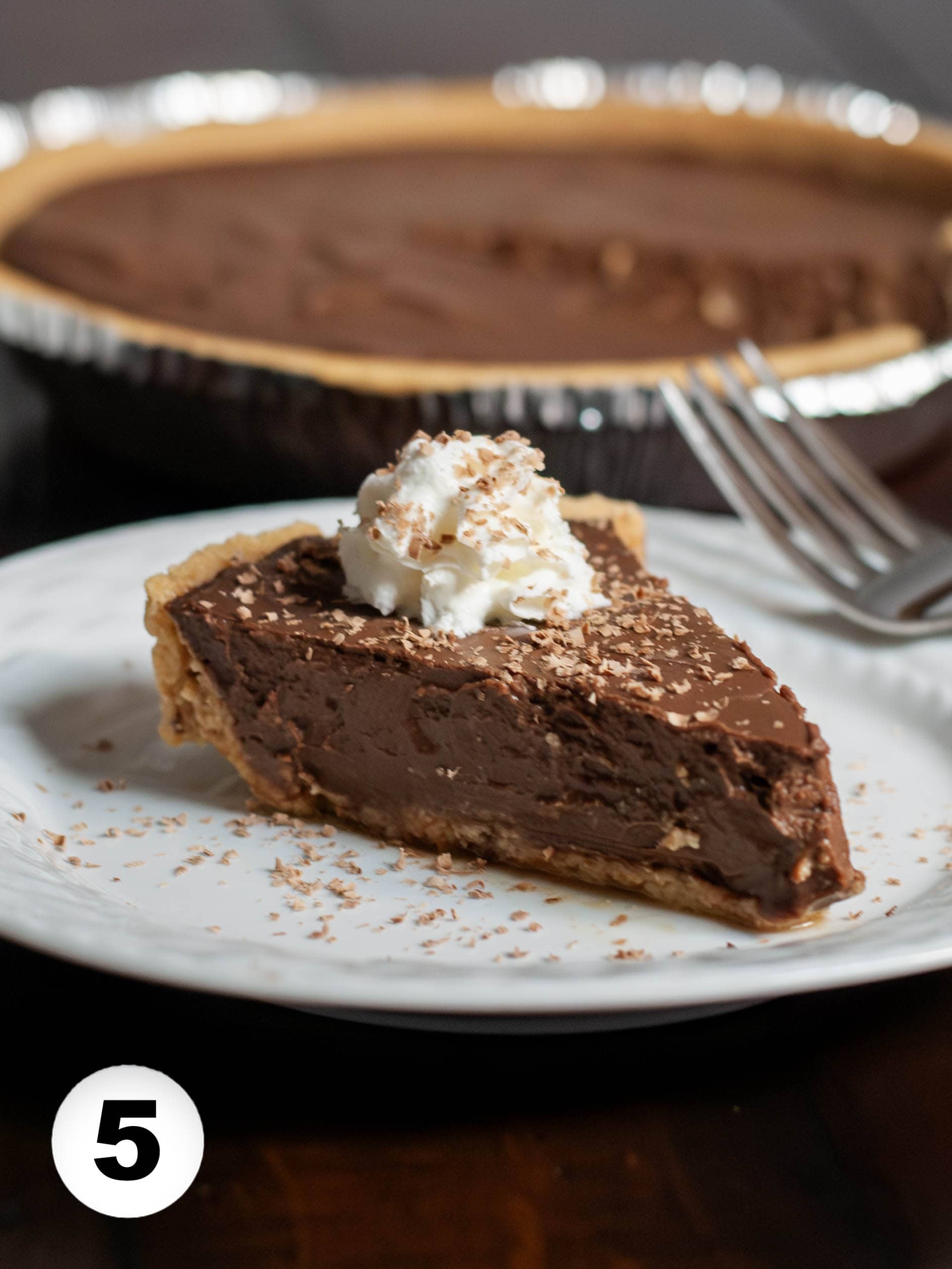 A slice of chocolate pie on a white plate with chocolate shavings and whipped cream.