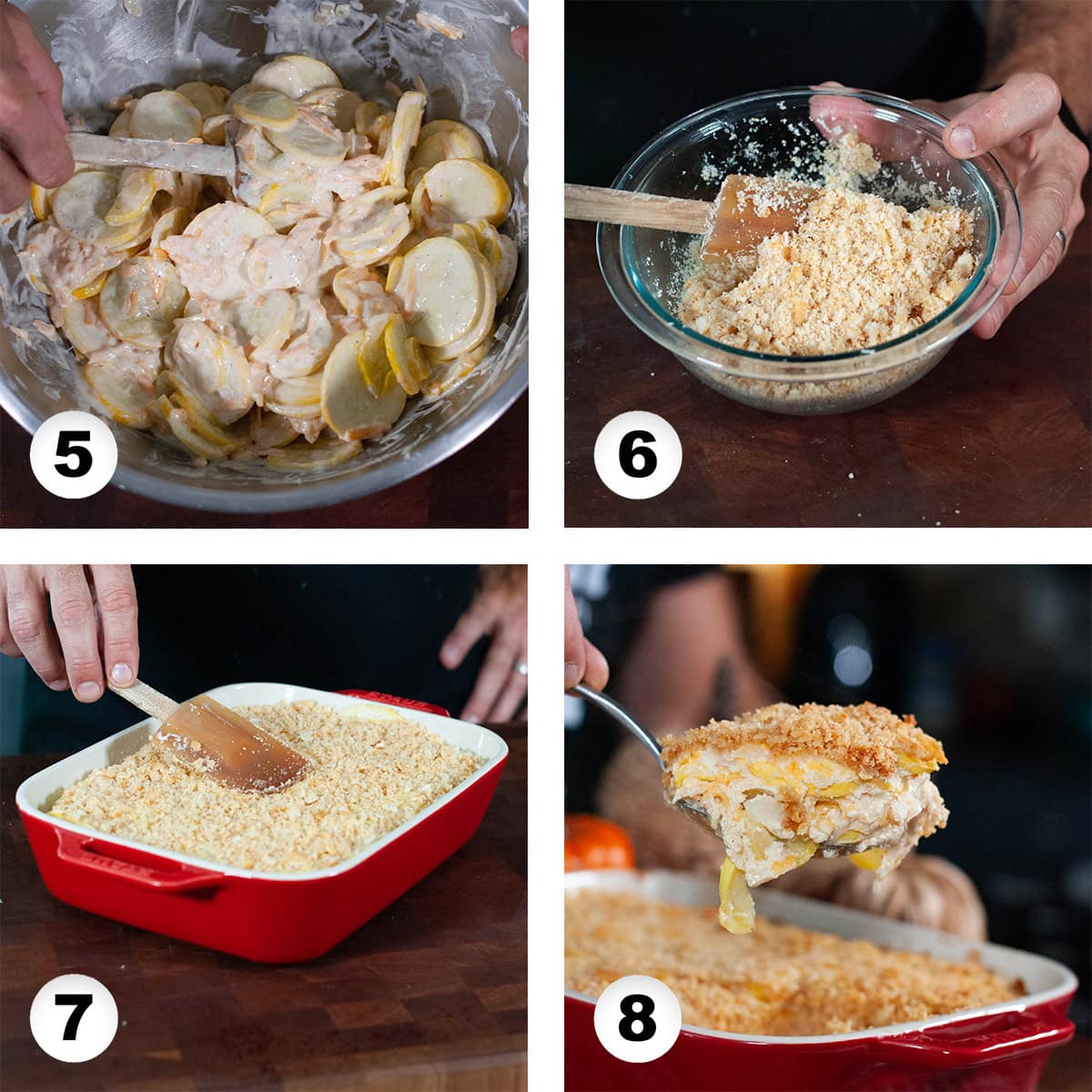 Steps for making squash casserole layers.