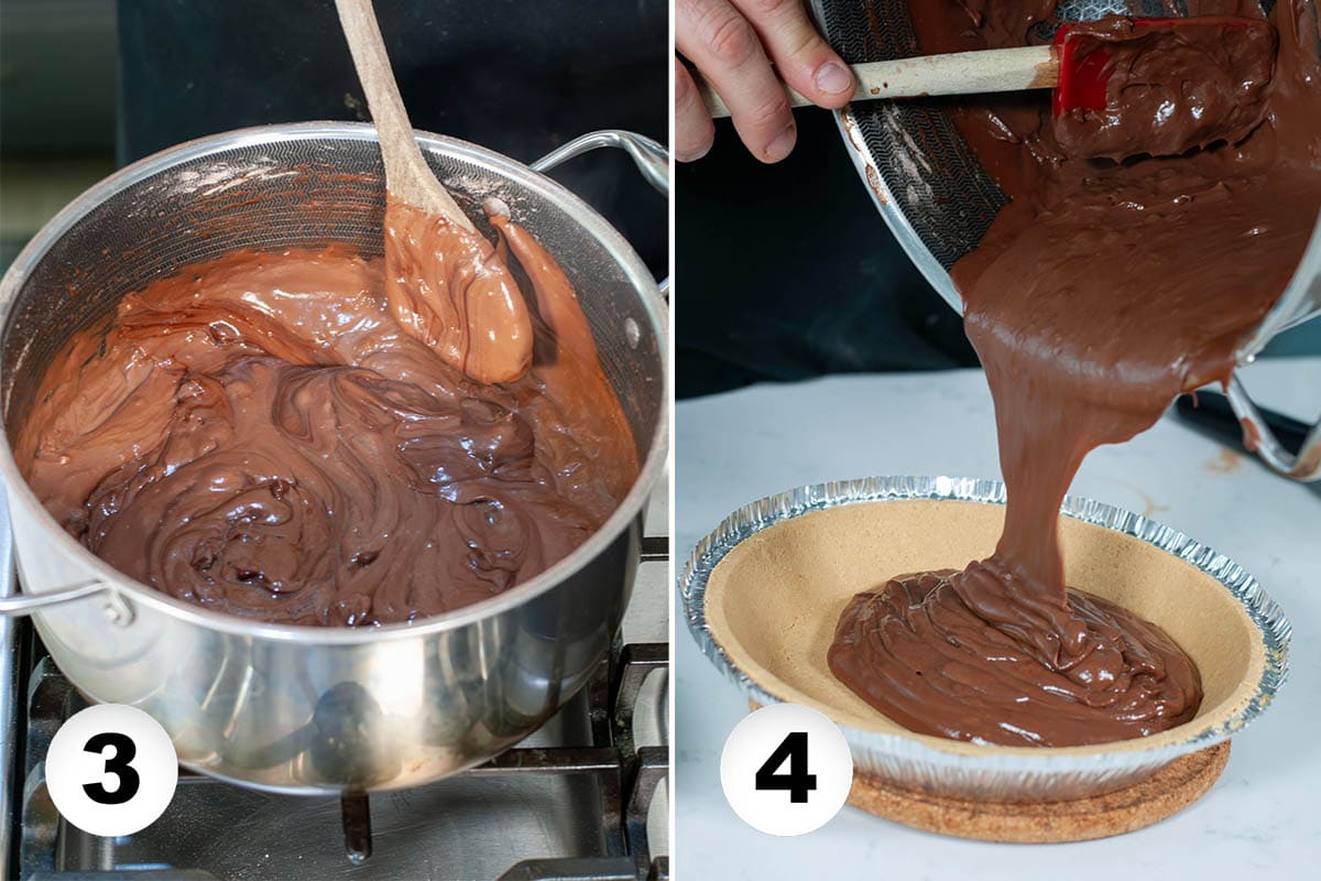 Pie filling boiling on the stove and then going into the graham cracker crust.