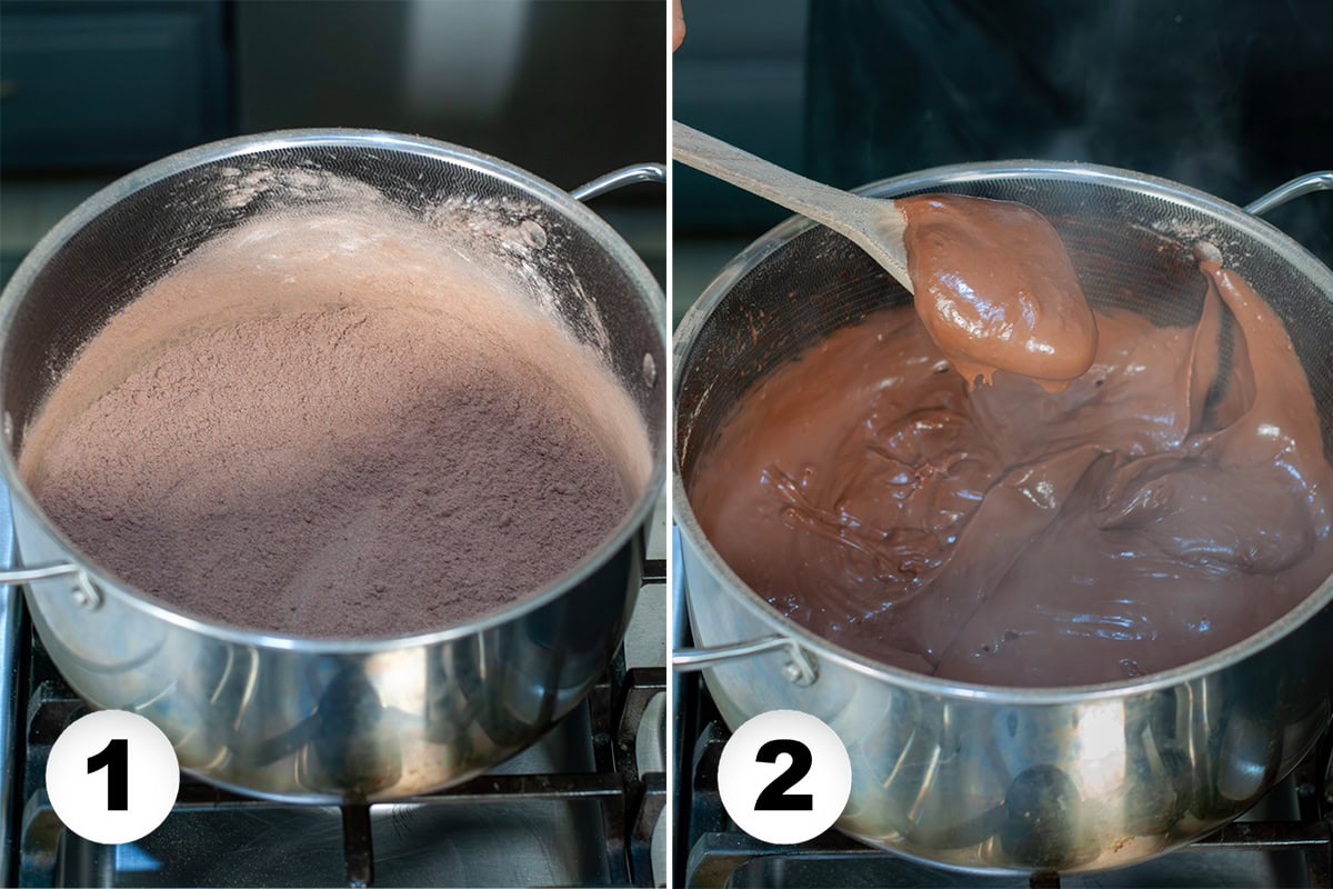 Cocoa powder mixture in a large pot on the stove.