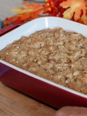 Close up showing the buttery pecan topping of the casserole.