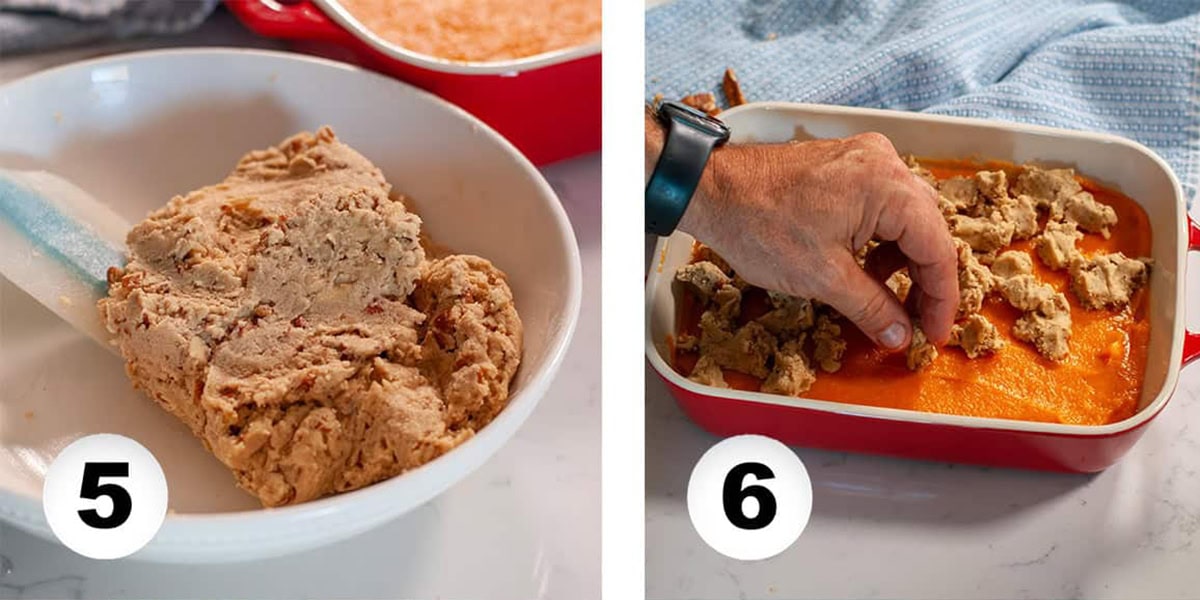 a buttery pecan crumble being placed over sweet potato filling.