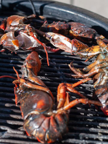 Lobster on grill grates cooking in the sunshine.