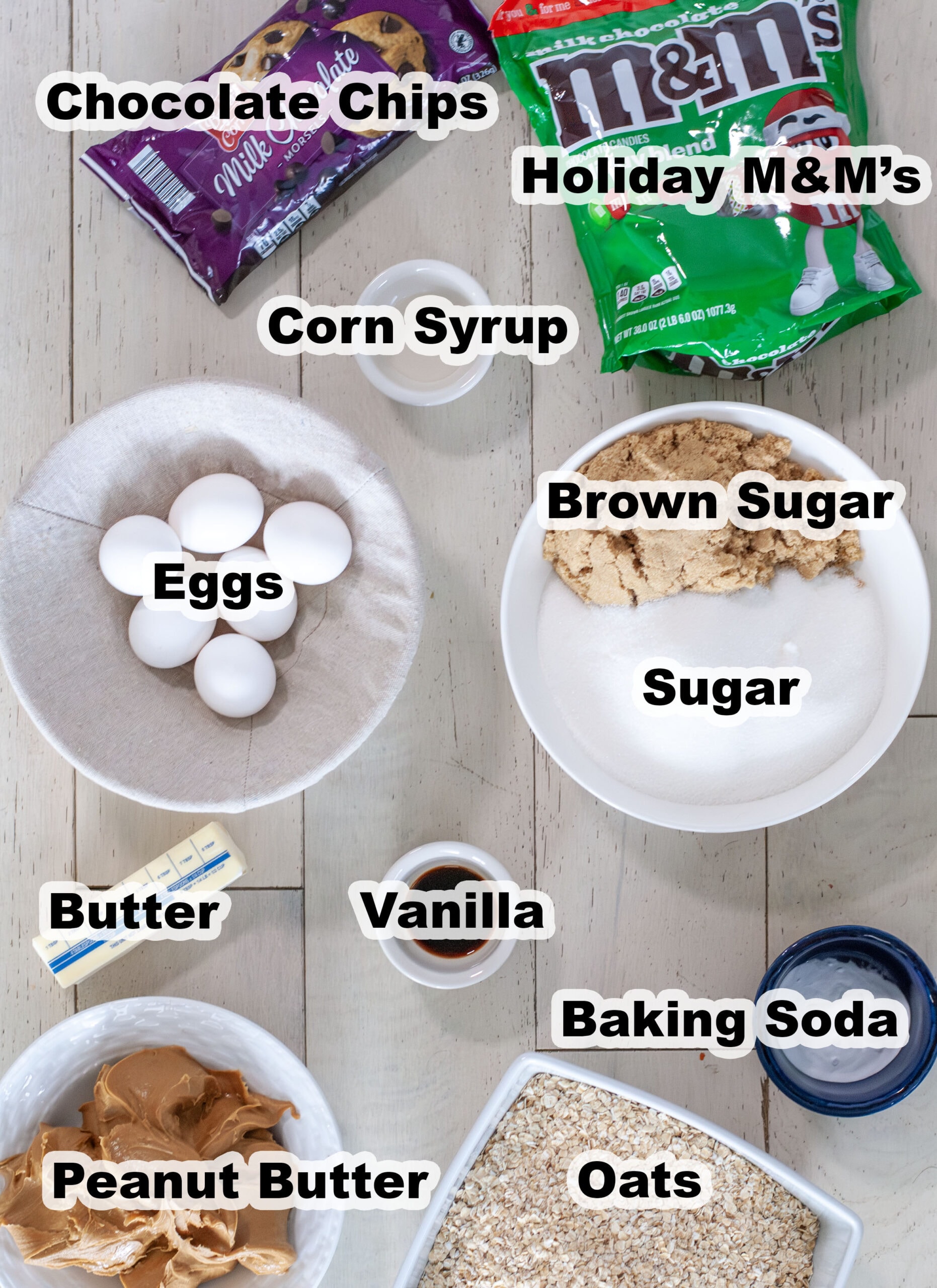 Monster cookie ingredients measured out in bowls.
