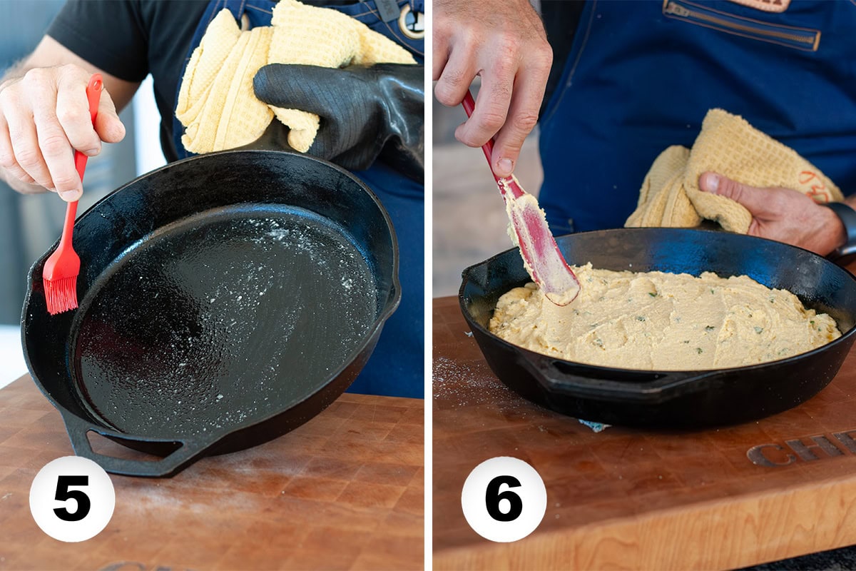 Butter spreading in a cast iron skillet and cornbread mixture pouring into it.