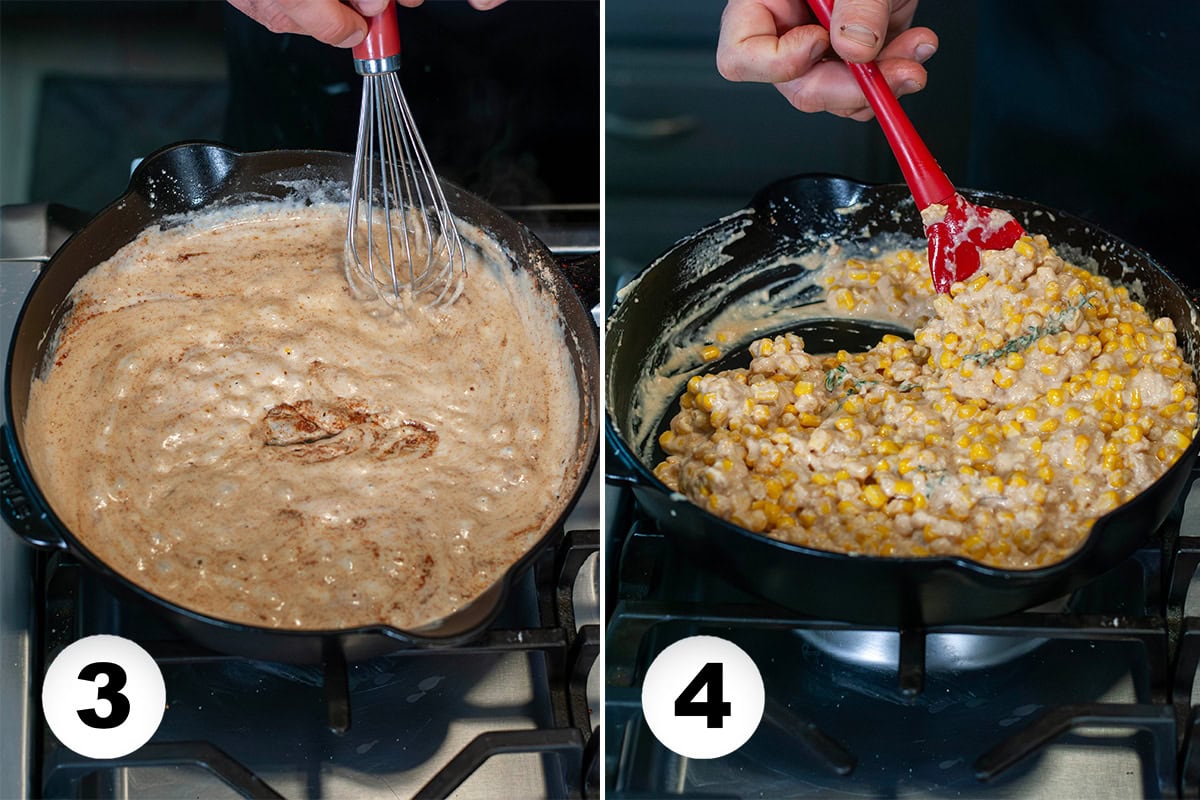 A creamy corn mixture mixing together in a skillet.