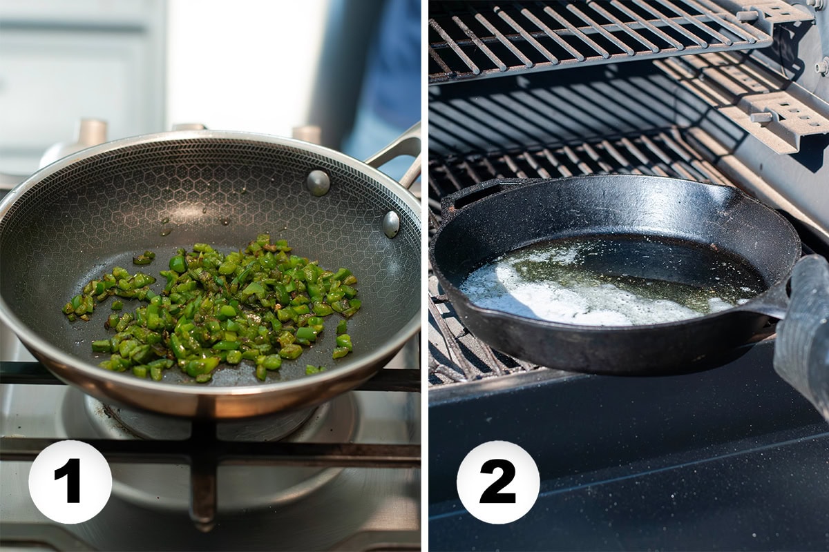 Sautéed Jalapeños in a skillet next to melted butter on a skillet.