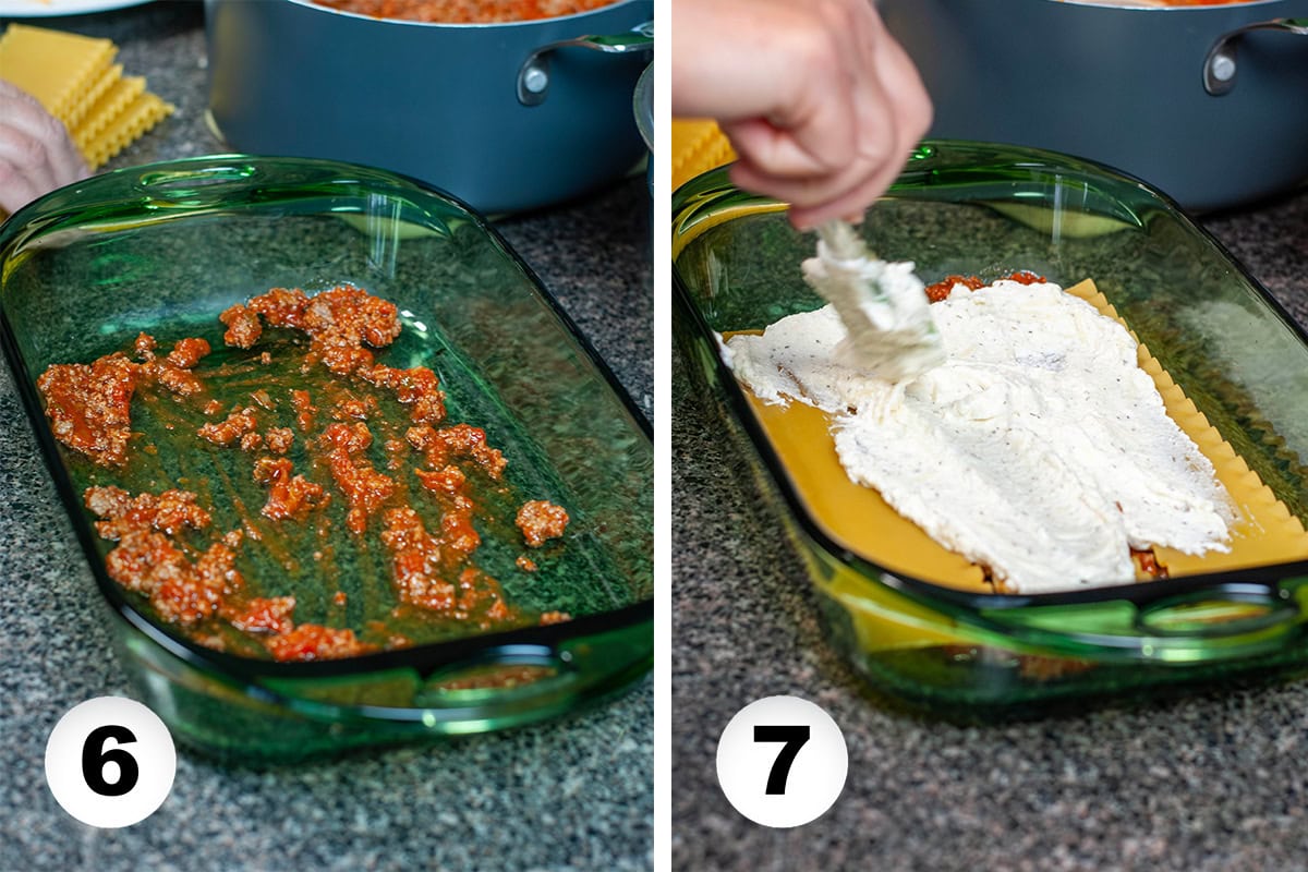 Sauce, cottage cheese and uncooked lasagna noodles being layered in a baking dish.