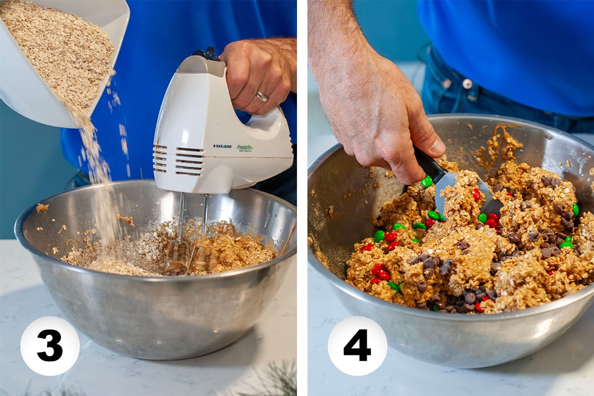 Oats and chocolate chips mixing into the cookie dough.
