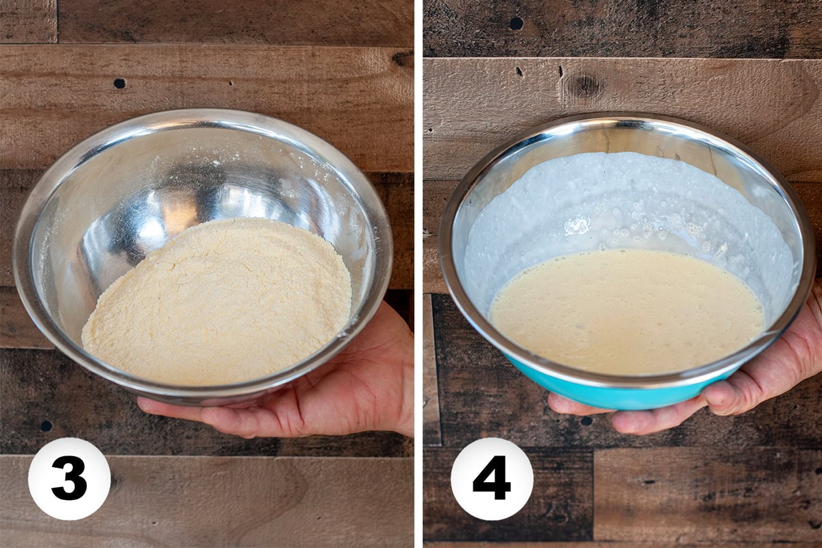 Dry ingredients and wet ingredients in mixing bowls for cornbread.