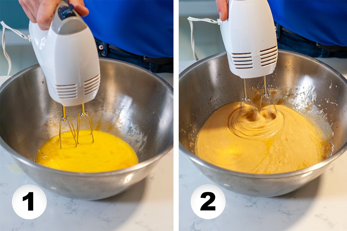 Eggs, butter and sugar mixing in a mixing bowl with hand mixer.