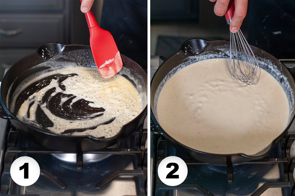 A roux made with melted butter and flour in a skillet.