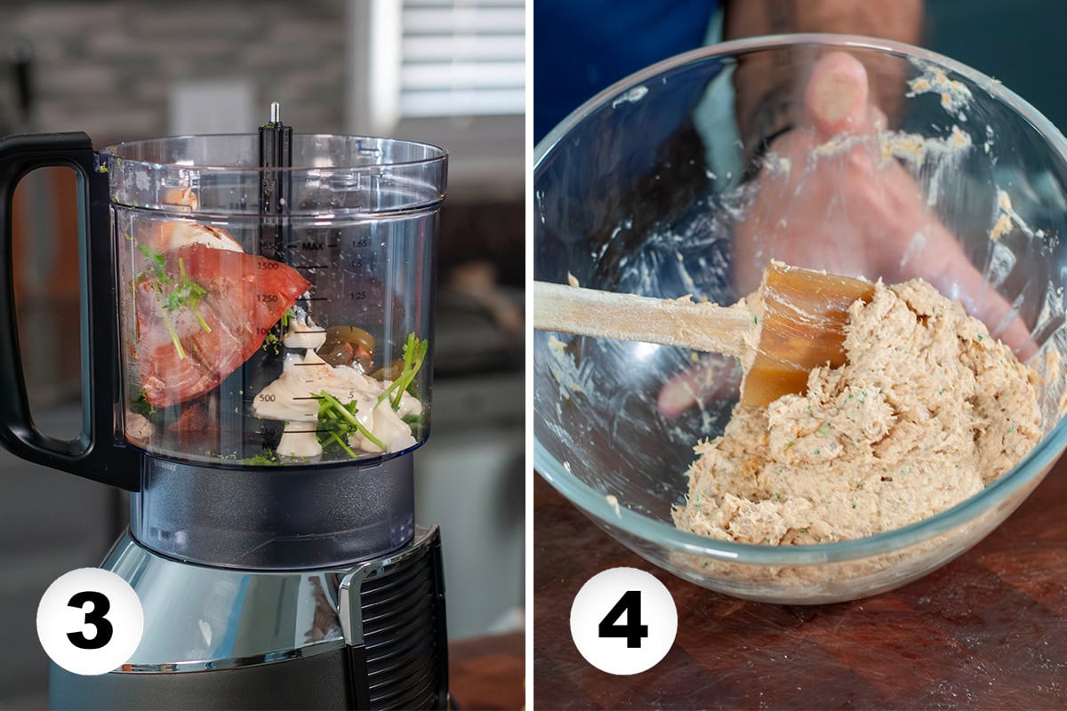 Tuna and dip ingredients in a food processor and a bowl of mixed smoked tuna dip in a mixing bowl.