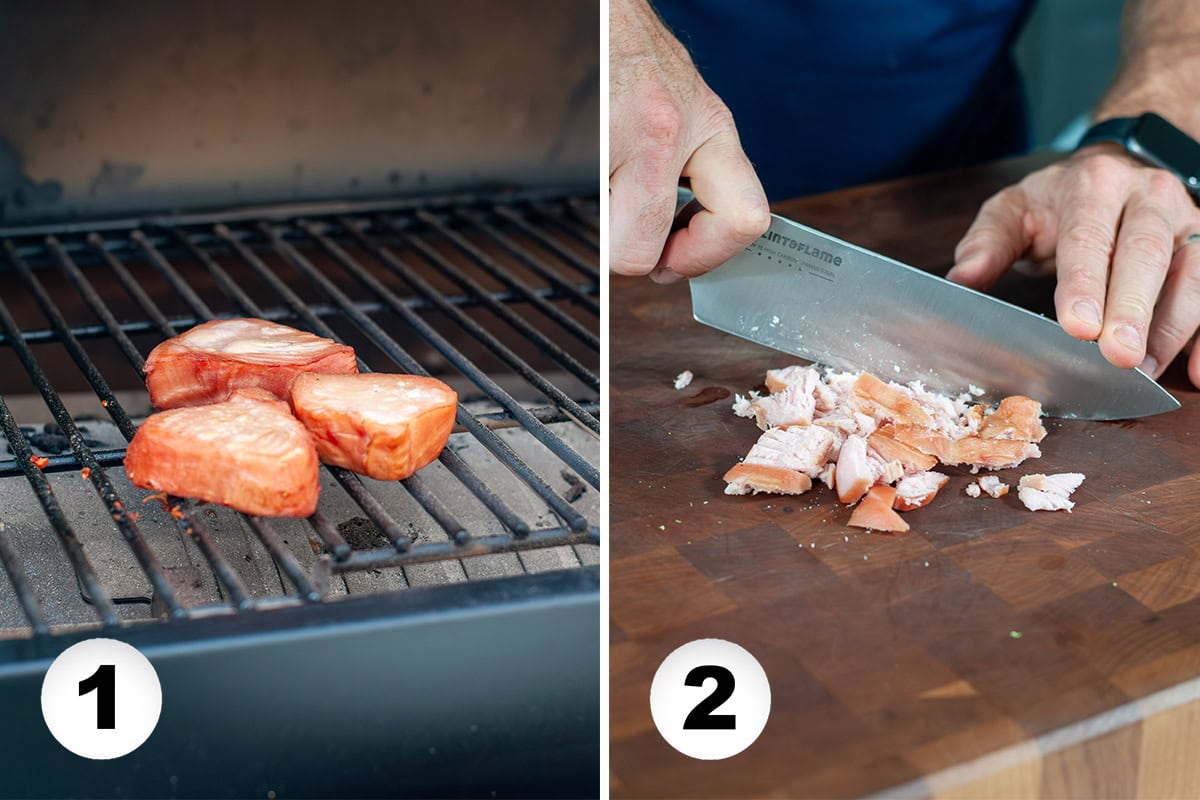Smoked tuna on a smoker and tuna being chopped.