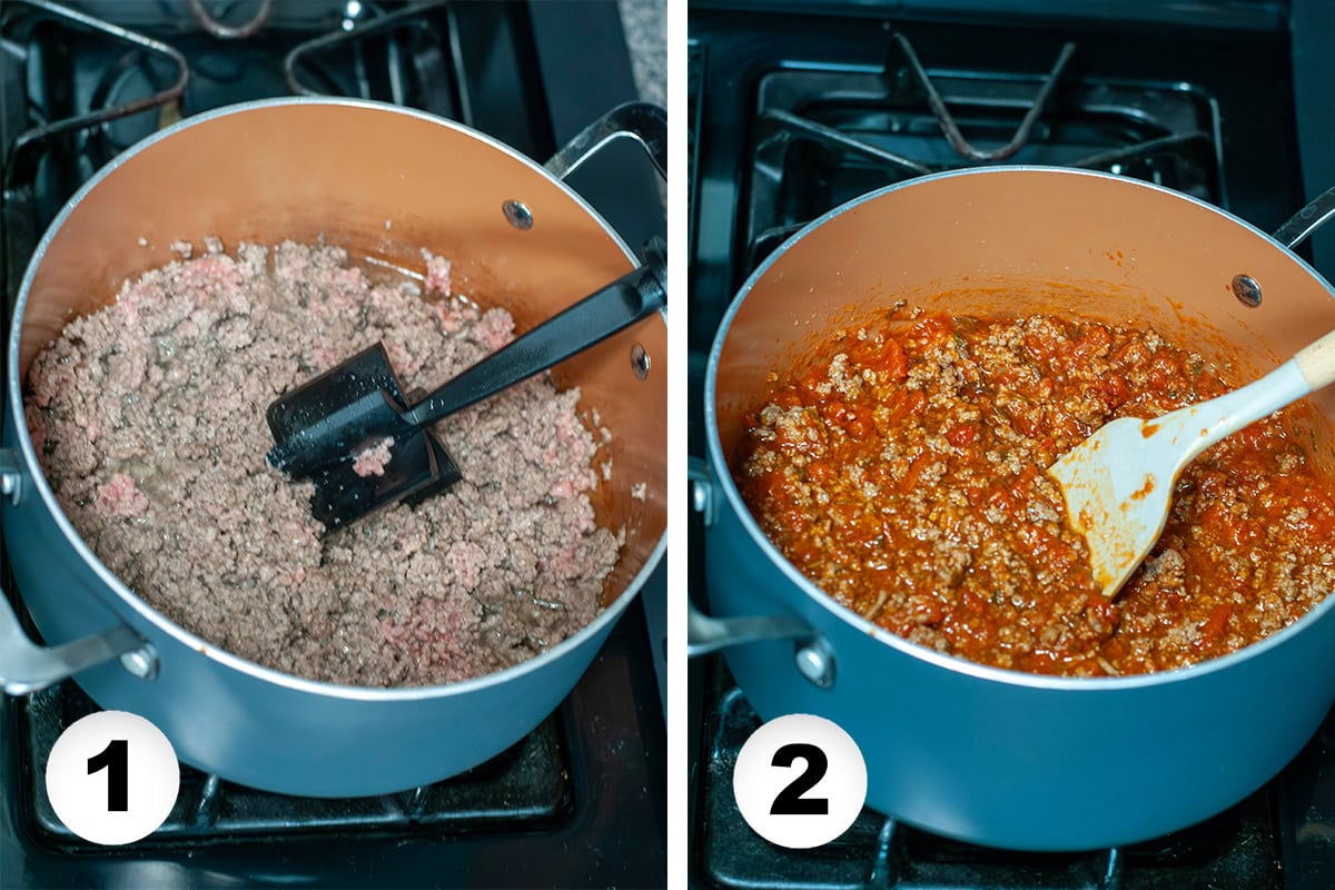 Meat cooking in a pot and marinara sauce being added to it.