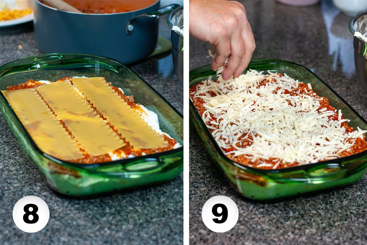An uncooked lasagna being topped with mozzarella cheese and parmesan cheese.