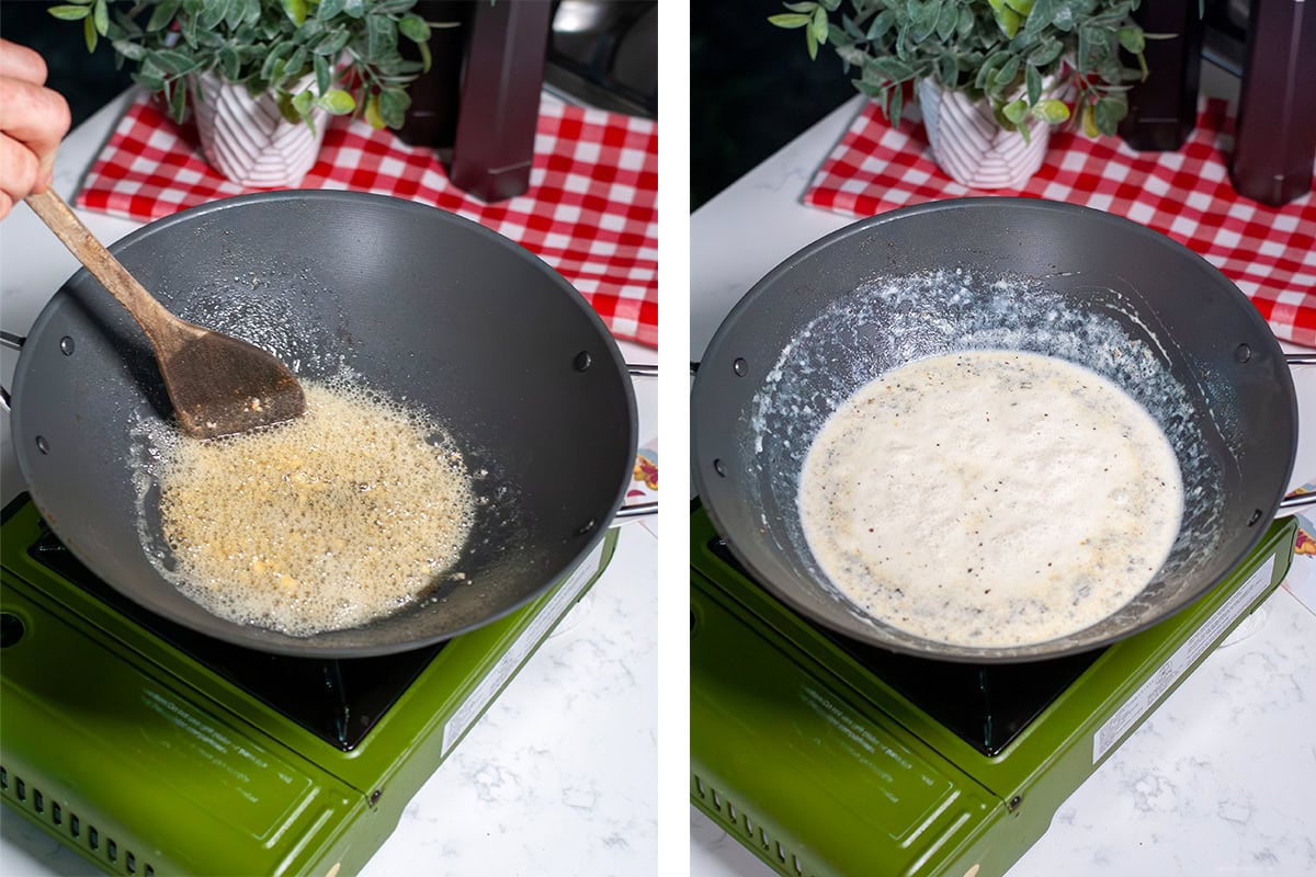 Garlic sautéing in a skillet with butter and heavy cream being added to it.