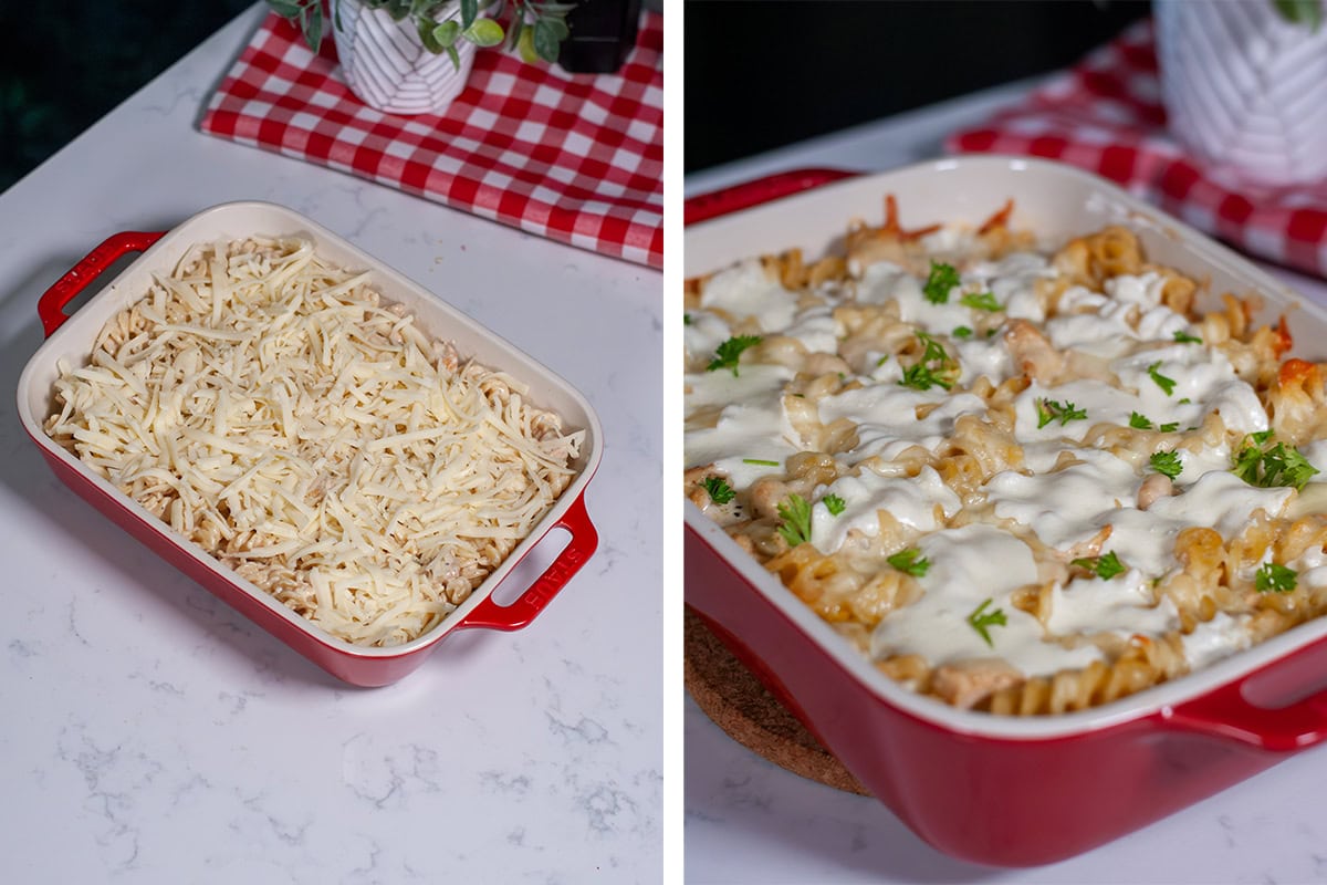 Before and after photos of a baked chicken Alfredo dish.