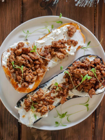Roasted Butternut Squash with seasoning pork and ricotta cheese.